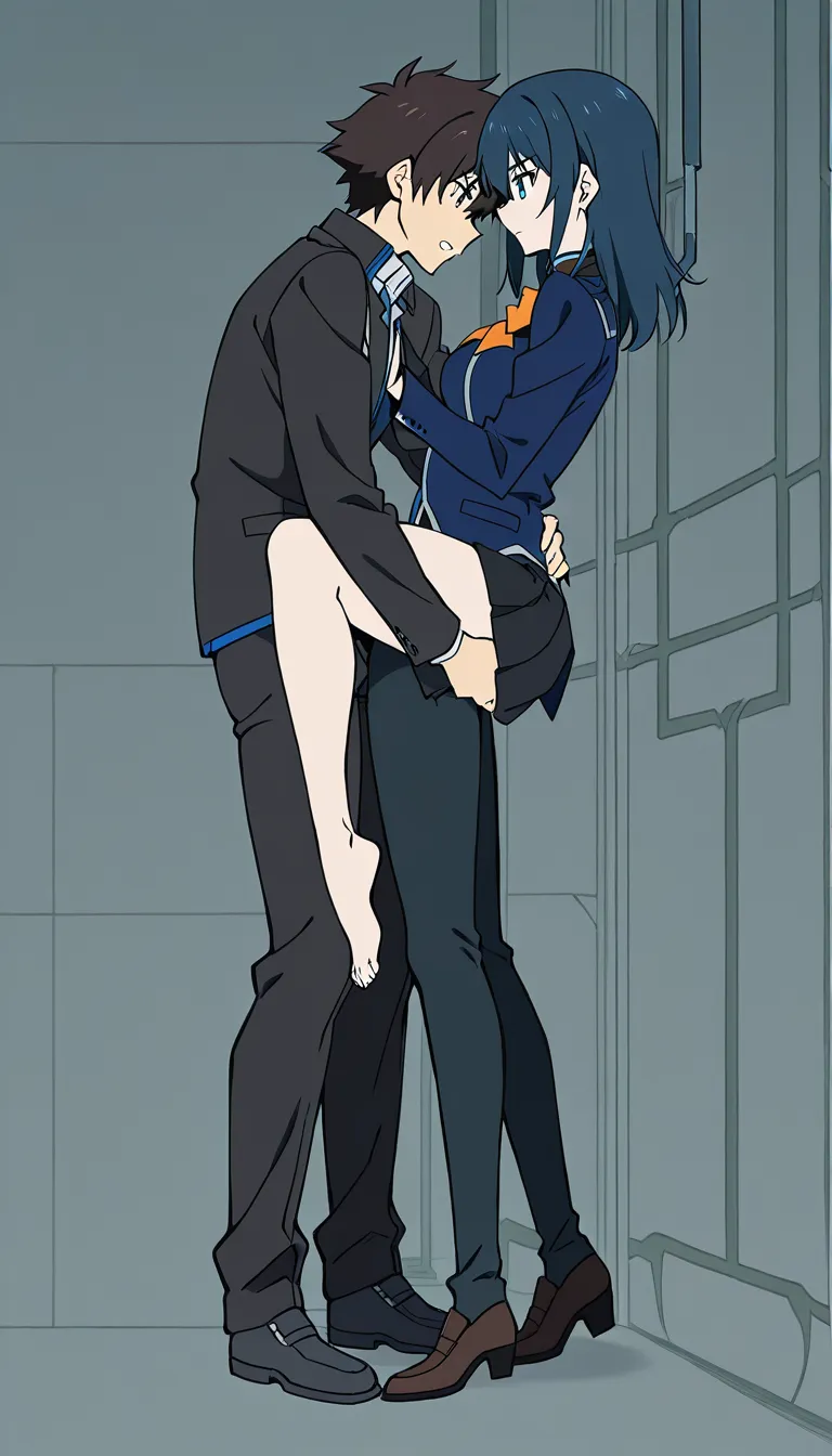 Masterpiece, best quality, highly detailed anime-style illustration from the game Neverness to Everness (NTE / Hotta Studio style). Full body view of two characters having intense standing sex.
Male Esper Zero (the male protagonist) is shorter and younger-looking, average height young man with short messy gray hair featuring two small ahoges, gray eyes, lean but toned athletic body. He is completely naked, standing behind Zankou, tightly hugging her from behind with both arms wrapped around her waist and under her large breasts, thrusting his cock hard and deep into her pussy from behind in a vigorous standing doggy position. His face is pressed against her back/shoulder, expression of raw pleasure and exertion, mouth slightly open, eyes half-lidded.
Zankou is noticeably taller and more mature than Zero, elegant adult woman with a voluptuous mature figure, long flowing silver-white hair tied in a high samurai-style ponytail that cascades down her back, sharp red eyes (her right eye glowing faintly with the red flame of the Eye of Delusion), extremely large heavy breasts that bounce with each thrust, narrow waist, wide hips, thick thighs. She is completely naked, standing in front of him, body arched slightly, one hand reaching back to grip Zero’s hip while the other presses against a wall or simply hangs as she takes him. Her face shows intense pleasure — flushed cheeks, parted lips, eyes half-closed in ecstasy, mouth open moaning.
Clear height difference: Zankou is taller, busty woman and more mature-looking while Zero is shorter,smaller and younger in appearance. Dynamic standing sex, Zero fucking her hard from behind while hugging her tightly, both fully naked, skin glistening with sweat, detailed genitals, visible penetration, sexual fluids, erotic atmosphere, dramatic lighting, high detail on bodies and expressions.