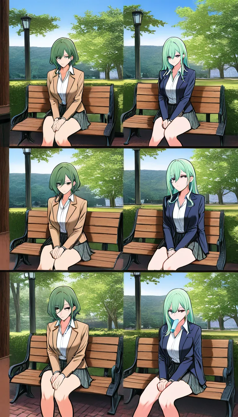 Art by Dojiro, masterpiece, best quality, ultra-detailed, fine texture details, rich colors, sharp focus, manga page, comic page, multi-panel layout, professional composition. A high school girl with long green hair licks a white popsicle while sitting on a park bench; the popsicle never shrinks as she licks it. The popsicle is actually a man who transformed himself into that form using magic; he feels a sense of pleasure as his entire body is licked by the girl. The high school girl licks the popsicle with great care. From the tip of the popsicle, a thick, milky-white fluid is released into the girl’s throat. Dynamic composition, Japanese sound effects, Japanese speech bubbles., hentai_studio_quality