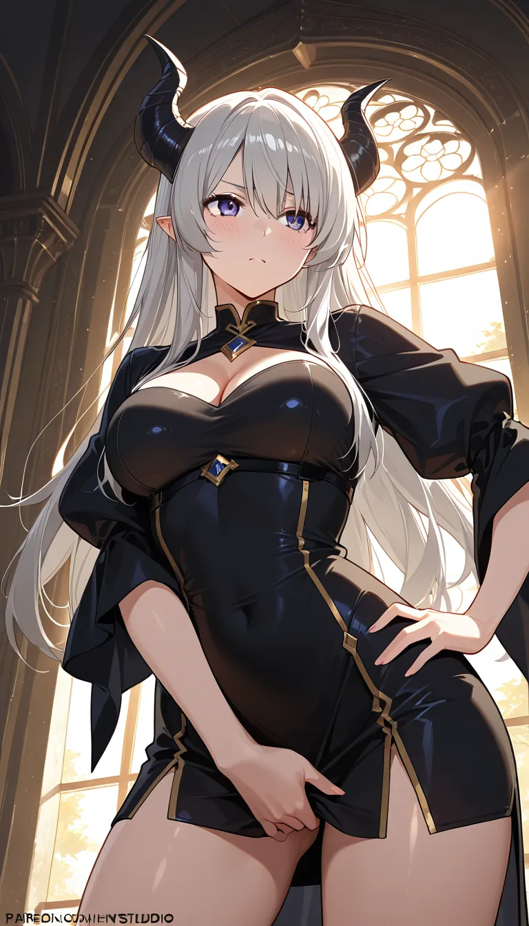 best quality, polished, witch, hand on own hip, horns, masturbation, sunlight, eroge aesthetic