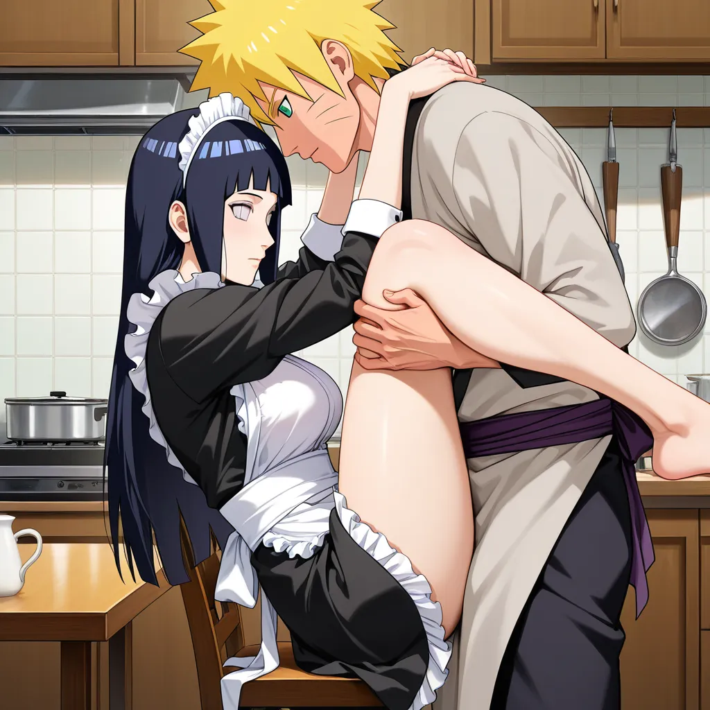 Naruto Uzumaki, standing, @hyuuga_hinata, long_hair, Maid, open_clothes, sitting_on_lap, legs_up, kitchen, table, hentai_studio_quality