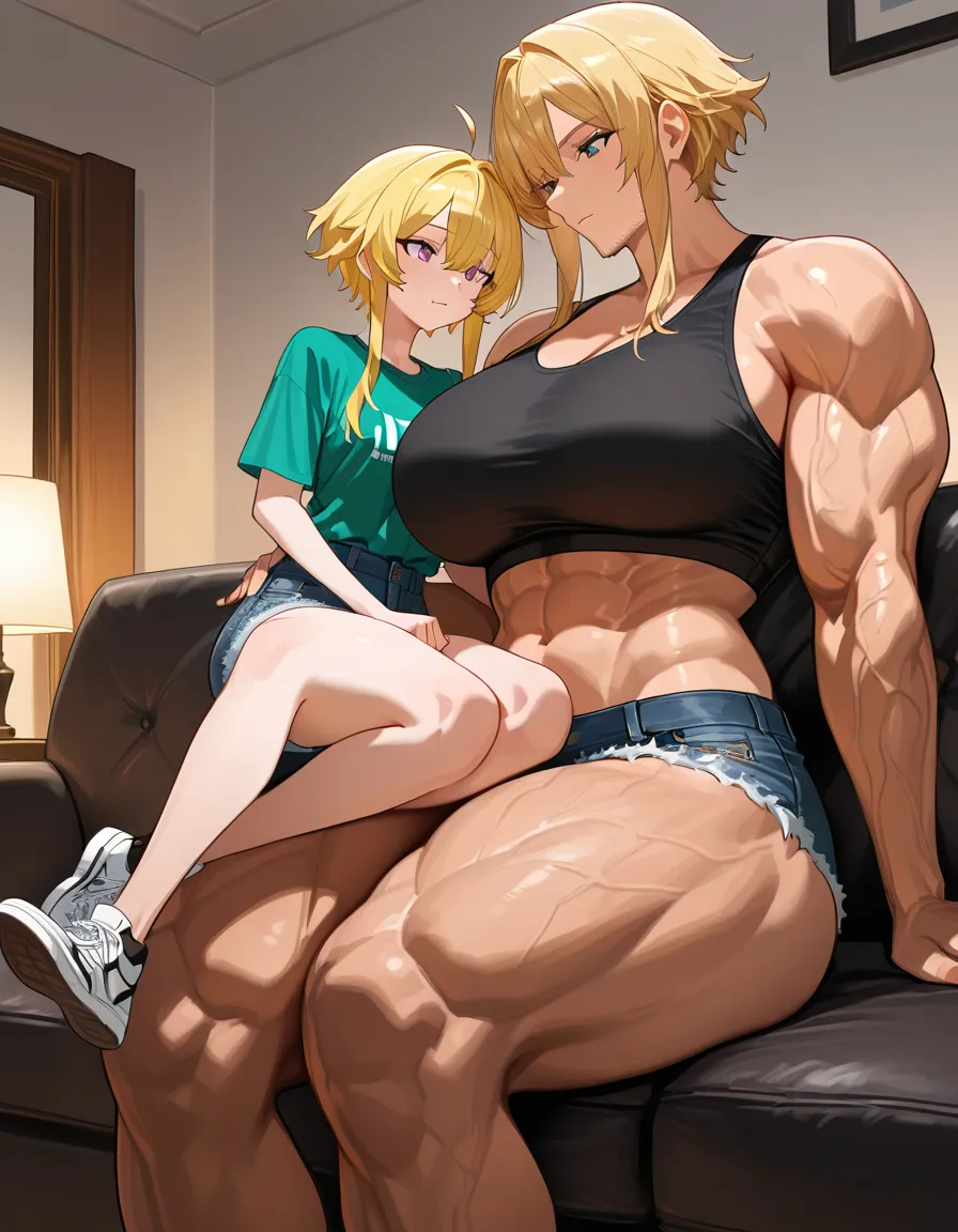 Giant muscular_female, petite man stubble, adults, size_difference, huge height_difference, female blonde_hair short_hair_with_long_locks , female sitting on_couch, male sitting_on_lap female, male legs_up, shirt, female crop_top denim_shorts , dominant female looking_at_another,male looking_up, male sitting_on_lap, intimate, teasing, nervous blush male looking_up , female leaning_back , male sitting_on_lap, male black medium_hair, femdom, female abs, female big biceps, female big shoulders, female thick_thighs, female huge_ass, female wide_hips, huge_breasts, gigantic tall female, bulging nipples, male sitting_on_lap male legs_up, male bulge, male narrow_waist, lightweight male, domination, eye_contact, aged_up, hentai_studio_quality