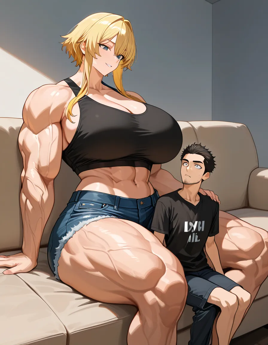 Giant muscular_female, man stubble, adults, size_difference, huge height_difference, female blonde_hair short_hair_with_long_locks , female sitting on_couch, male sitting_on_lap female, male legs_up, shirt, female crop_top denim_shorts , dominant female looking_at_another,male looking_up, male sitting_on_lap, intimate, teasing, nervous blush male looking_up , female leaning_back , male sitting_on_lap, male black medium_hair, petite male, femdom, female abs, female big biceps, female big shoulders, female thick_thighs, female huge_ass, female wide_hips, huge_breasts, gigantic tall female, bulging nipples, male sitting_on_lap male legs_up, male bulge, male narrow_waist, domination, eye_contact, aged_up, hentai_studio_quality