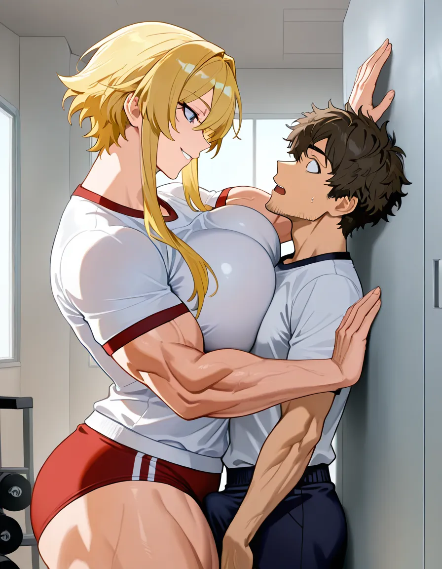 Giant muscular_female, man stubble, adults, size_difference, huge height_difference, female blonde_hair short_hair_with_long_locks, gym_uniform, indoors gym, femdom, dominant female looking_at_another, male facing_another looking_up surprised, breast_press, female pinning male against_wall, intimate, teasing, nervous blush male looking_up , standing, male black medium_hair, petite male, femdom, female abs, female big biceps, female big shoulders, female thick_thighs, female huge_ass, female wide_hips, huge_breasts, gigantic tall female, bulging nipples, male sitting_on_lap male legs_up, male bulge, male narrow_waist, domination, eye_contact, aged_up, hentai_studio_quality
