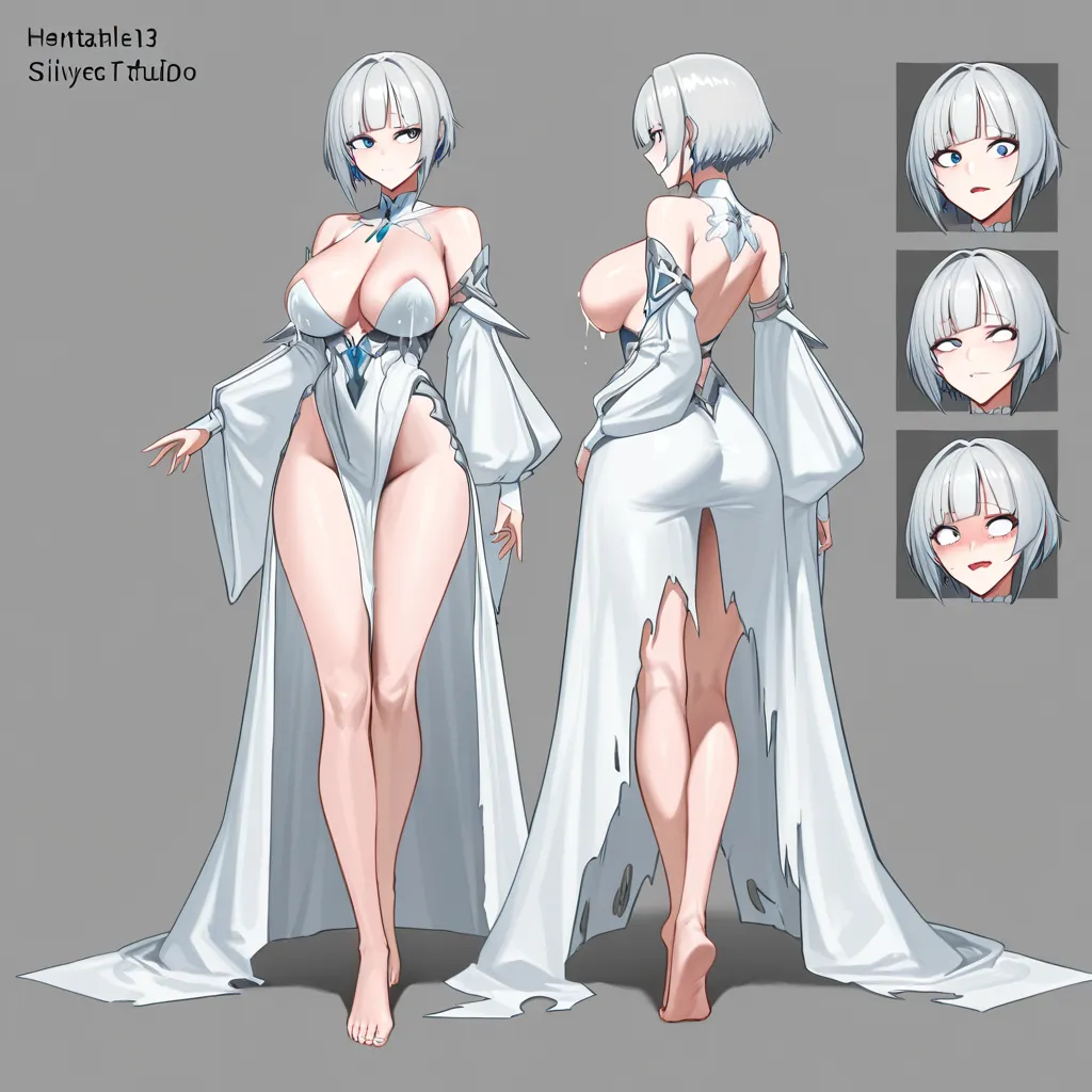 (Busty_Lactating_human_female_princess:1.3), (uncontrollable_female_desire:1.4), ripped clothes, elegant, haughty female, extreme  joy, exaggerated expressions, short_hair, silver-white_hair_with_bangs, barefoot_and_feetsoles; vaginal sex, (multiple views:1.5); vibrant_detailed_fantasy_royal_bedroom_setting, extreme ahegao, cross eyed, intense pleasure