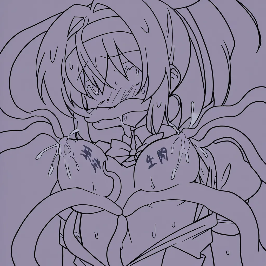 small_breasts, short, surgery_platform, school_uniform , ahegao, tentacles, breast lactation, body_writing, ponytail, sweat, covered_eyes, covered_mouth, nipple_fuck