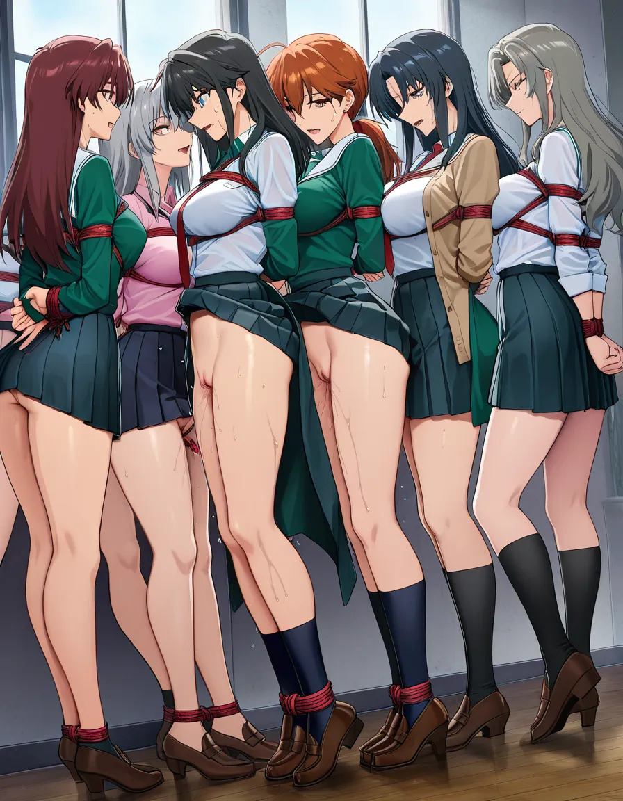 best quality, explicit detail, 6+girls,, brown footwear, grey hair, manga panel look, best quality, polished, couple, pleated skirt, bondage, side view, vivid anime colors, best quality, polished, milf, underwear, wet pussy , visual novel art, highres, vivid, mature_female , eroge aesthetic, highly detailed, sharp, princess, bent over, medium breasts, blue sky, soft cel shading,curvy , purple lipstick , pussy anus , hentai_studio_quality, hentai_studio_quality