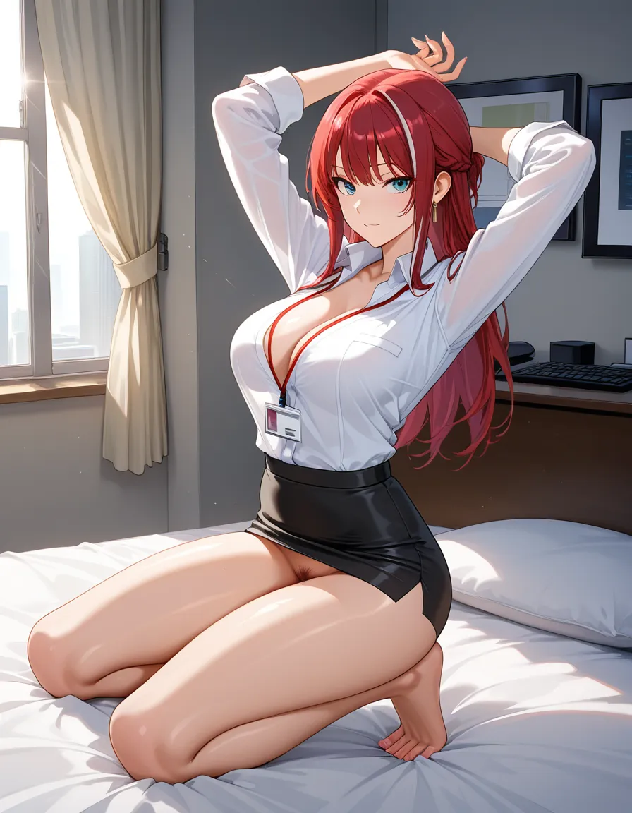 best quality, explicit detail, office lady, kneeling on bed, arms up, streaked hair, sunlight, hentai style, hentai_studio_quality