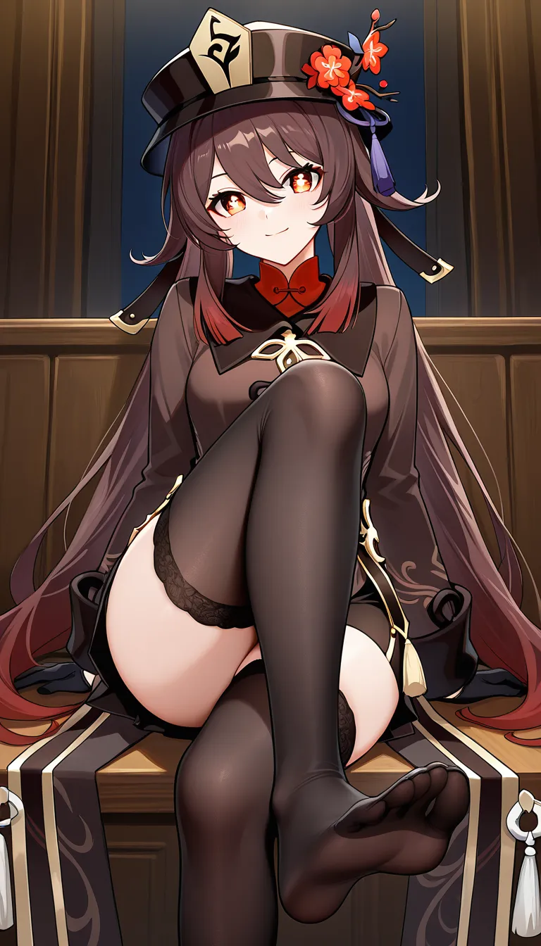 @hu_tao_(genshin_impact)#black_gloves #black_thighhighs #feet #skirt #looking_at_viewer, hentai_studio_quality