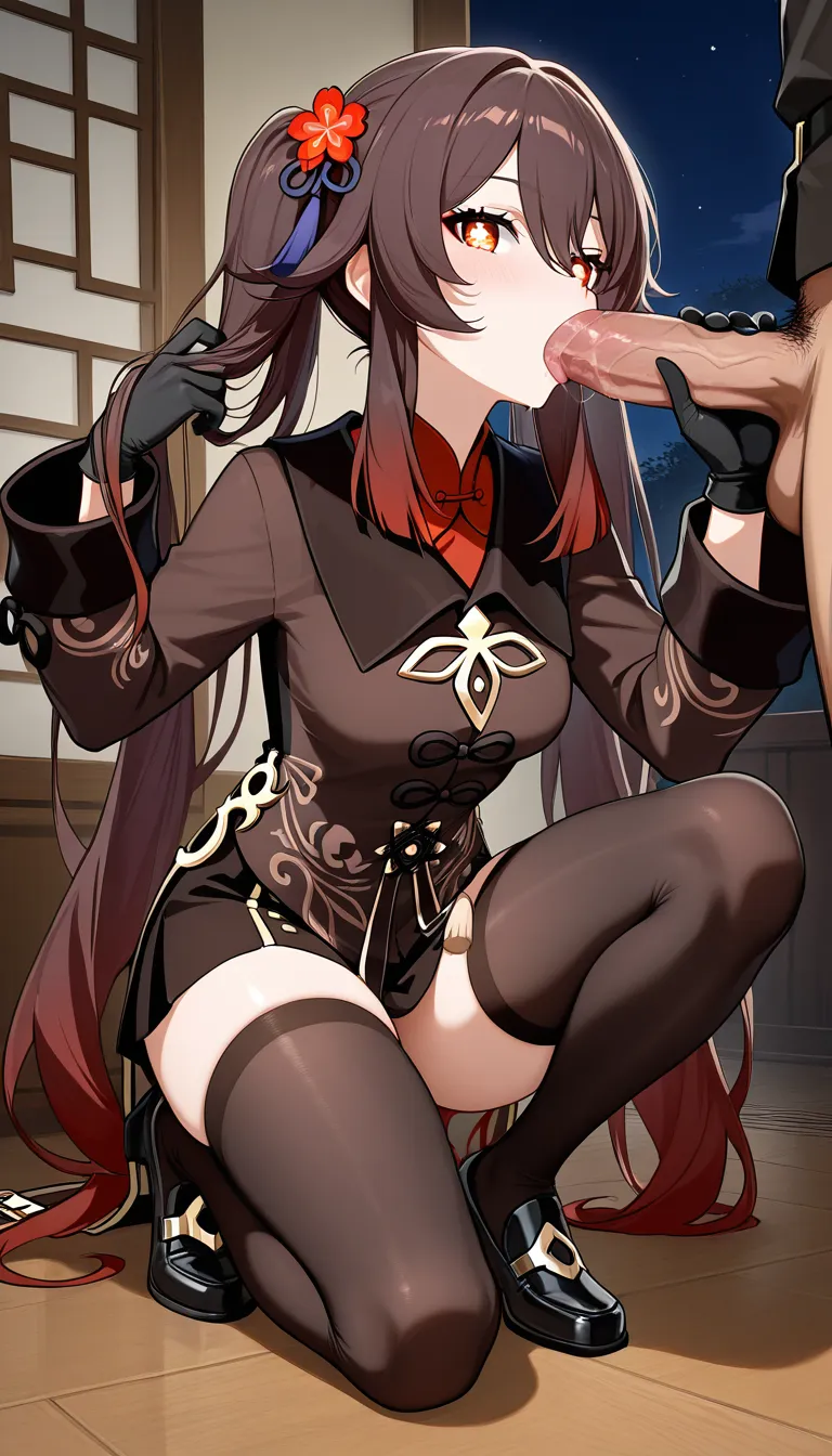 @hu_tao_(genshin_impact) #black_gloves #black_thighhighs #feet #skirt #fellatio Doing a blowjob, viewer pulling her hair, hentai_studio_quality, hentai_studio_quality