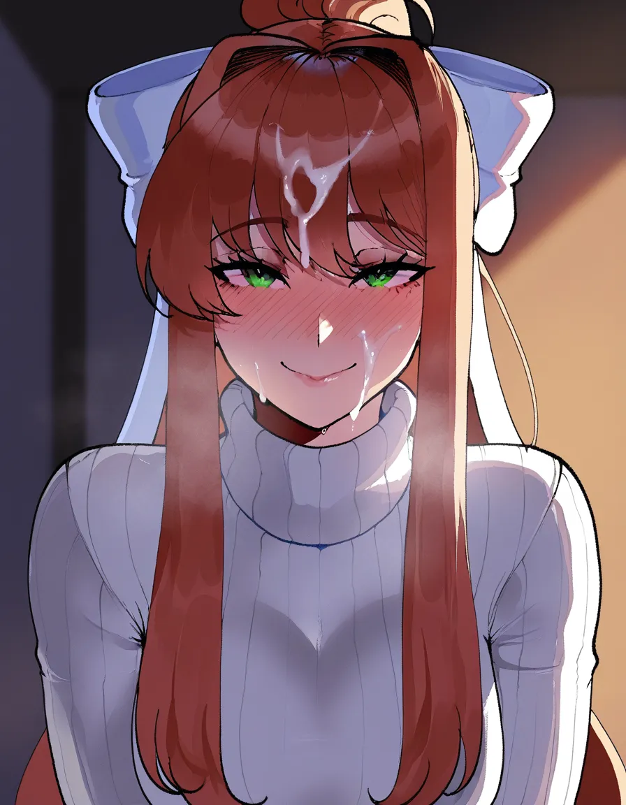 #nyantcha_artstyle, @monika_(doki_doki_literature_club), 1girl, solo, smile, full-face_blush, white_turtleneck_sweater, cum, facial, facing_viewer, upper_body, hentai_studio_quality