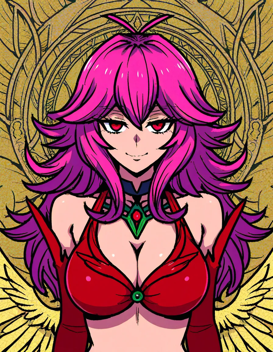 #akairiot_artstyle, @injection_fairy_lily_(yu-gi-oh!), yu-gi-oh!, yu-gi-oh!_dual_monsters, 1girl, solo, duel_monster, long_hair, curly_hair, wavy_hair, pink_hair, ahoge, red_eyes, feathered_wings, angel_wings, nurse, nurse_cap, strapless_dress, white_dress, white_shorts, red_belt, white_gloves, white_boots, syringe, large_syringe, oversized_object, medium_breasts, evil_smile, ass, standing, looking_back, full_body, from_behind, hentai_studio_quality