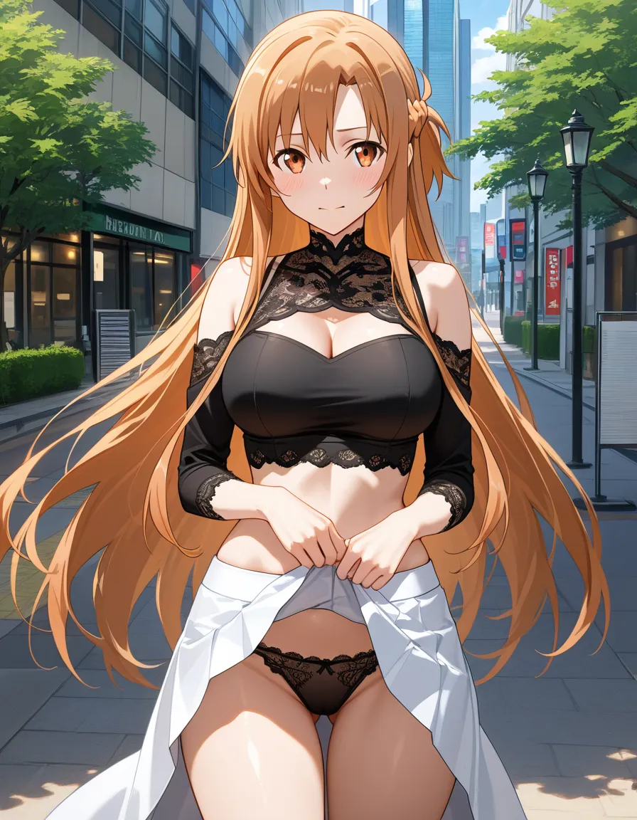 @asuna_(sao) #crop_top #skirt #outdoors #lace #skirt_lift #public_indecency, hentai_studio_quality