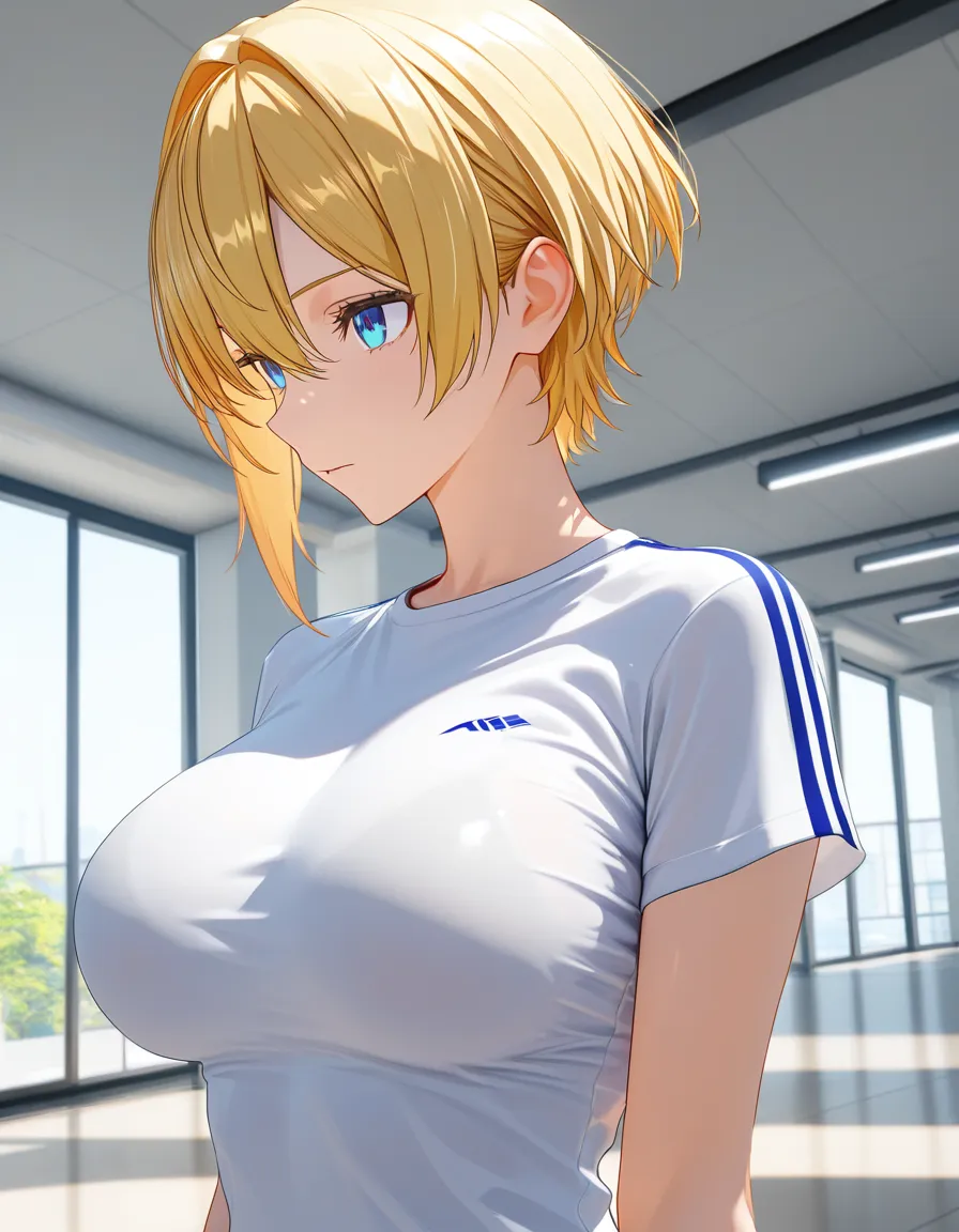 blonde_hair short_hair large_breasts blue_eyes, score_9, score_8, 3d render, octane render, subsurface scattering, ray tracing, smooth shading