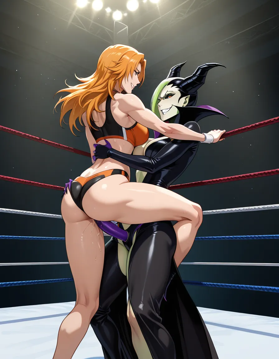 2girls_focus , maleficent evil_grin, matsumotu_rengiku_(bleach) , wrestling , wrestling_ring , strapon , yuri , sex , amazoness_position, hentai_studio_quality