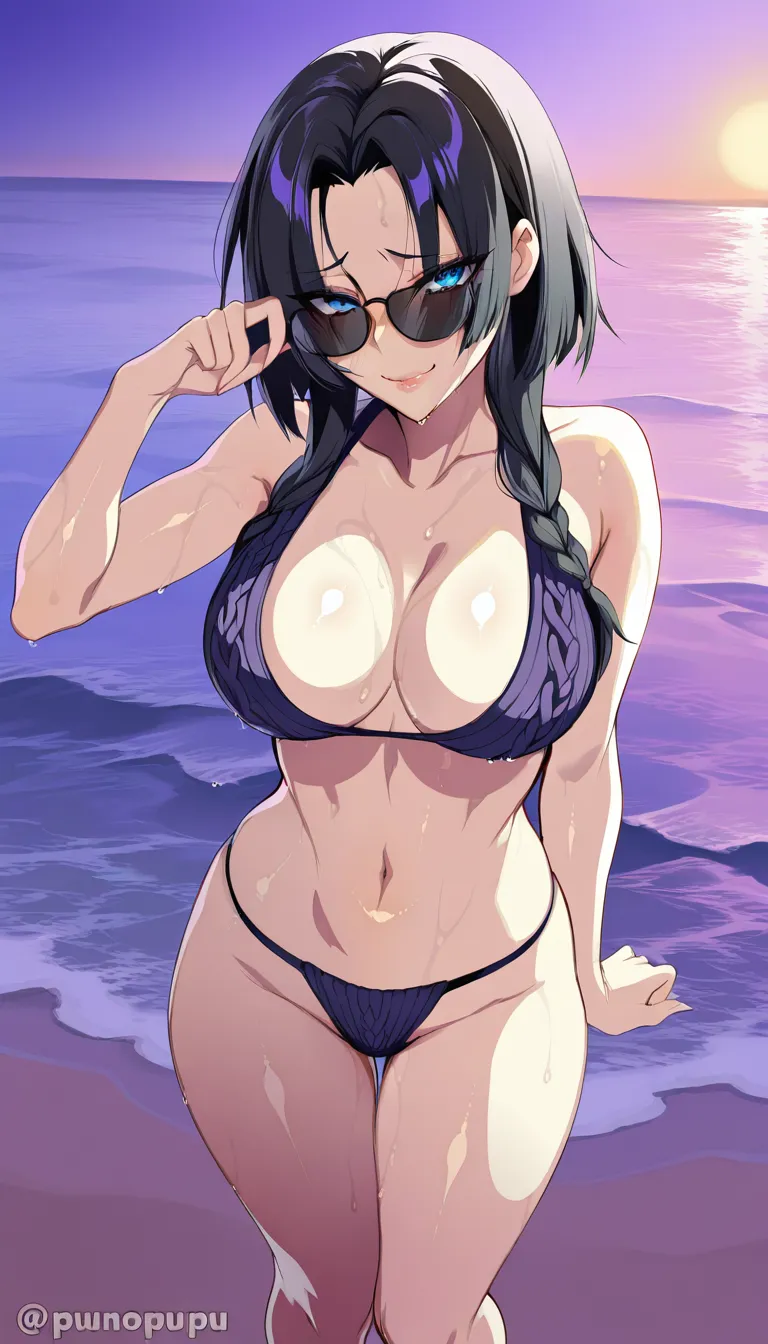 Puuzaki puuna artstyle, accurate anatomy, perfect anatomy, blue eyes, black hair, wet messy hair, medium bob hair, open forehead, black sunglasses, puffy lips, shy, embarrassed smile, naked, dark violet colored knit bikini, dark violet colored knit side tied thong, standing, sexy posing, knee-length view, on the beach, sea on background, medium breasts, ultraskinny body, light bikini tan lines, hentai_studio_quality