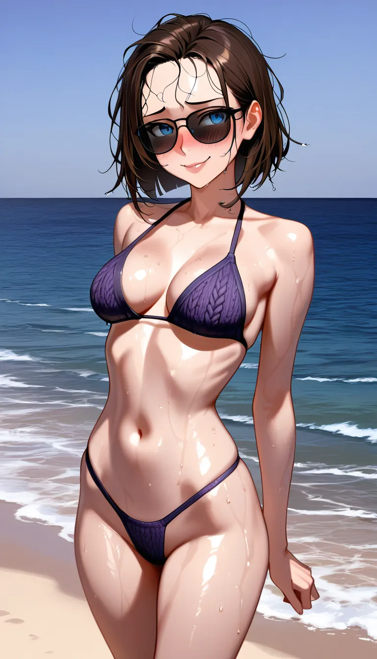 accurate anatomy, perfect anatomy, blue eyes, dark brown hair, wet messy hair, medium bob hair, open forehead, black sunglasses, puffy lips, shy, embarrassed smile, naked, dark violet colored knit bikini, dark violet colored knit side tied thong, standing, sexy pose, knee-length view, on the beach, sea on background, medium breasts, ultraskinny body, hentai_studio_quality