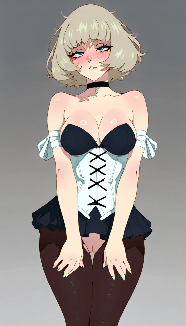 Kajinman art style, mamimi art, accurate anatomy, platinum blonde hair, wavy bob hair, messy hair, open clear forehead, blue eyes, half closed eyes, nose side ring piercing, seductive, wearing white corset, white ribbons on arms, black miniskirt, black pantyhose, crotchless, black choker, uncensored, blush, shy, ahegao, orgasm, rolling eyes, ruined evening makeup, laying on back, legs up, soles, bedroom, dark bed, full body view, exposed breasts, hands covering breasts, squeezing breasts together, wet pussy, puffy perky nipples, nipple piercing, high angle view, pov male, big veiny penis, love hearts, japanese moaning sound effects, missionary sex, extremely vaginal penetration, rough sex, mating press, viewer grabbing hips, small perky breasts, exposed breasts, spread legs, sexy, hentai_studio_quality
