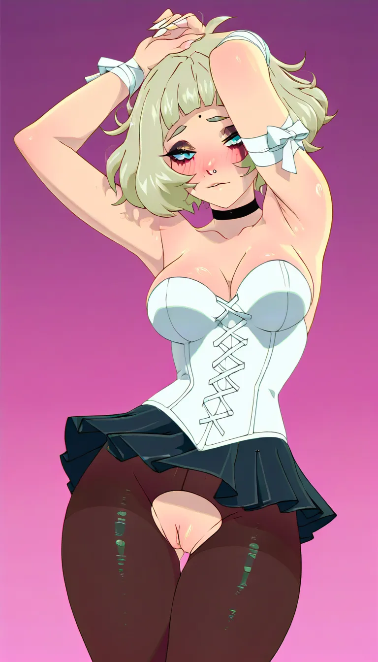 Kajinman art style, mamimi art style, accurate anatomy, platinum blonde hair, wavy bob hair, messy hair, open forehead, blue eyes, half closed eyes, nose side ring piercing, seductive, wearing white corset, white ribbons on arms, black miniskirt, black pantyhose, crotchless, black choker, uncensored, blush, ruined evening makeup, bedroom, dark bed, male pov, pov from above, fellatio, licking side of penis, big veiny viewer penis, penis on cheek, hand gently grabbing penis, drooling, saliva, open mouth, tongue out, happy smile, kajinman art, hentai_studio_quality