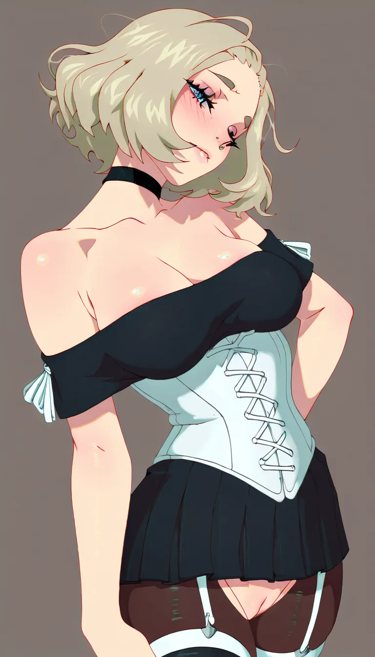 Kajinman art style, mamimi art style, accurate anatomy, platinum blonde hair, wavy bob hair, messy hair, open forehead, blue eyes, half closed eyes, nose side ring piercing, seductive, wearing white corset, white ribbons on arms, black miniskirt, black pantyhose, crotchless, with garters, black choker, uncensored, blush, shy, embarrassed smile, closed mouth, looking at viewer, evening makeup, solo, sexy posing, sitting, kitchen, full body view, showing feet, tattoos both forearms, tattoo on breast, tattoos both legs, small perky breasts, hentai_studio_quality