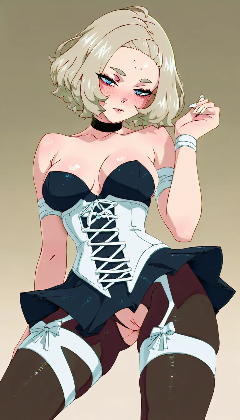 Kajinman art style, mamimi art style, accurate anatomy, platinum blonde hair, wavy bob hair, messy hair, open forehead, blue eyes, half closed eyes, nose side ring piercing, seductive, wearing white corset, white ribbons on arms, black miniskirt, black pantyhose, crotchless, with garters, black choker, uncensored, blush, shy, embarrassed smile, closed mouth, looking at viewer, evening makeup, solo, sexy posing, sitting, kitchen, full body view, showing feet, tattoos both forearms, tattoo cleavage, tattoos both legs, small perky breasts, kajinman art, hentai_studio_quality