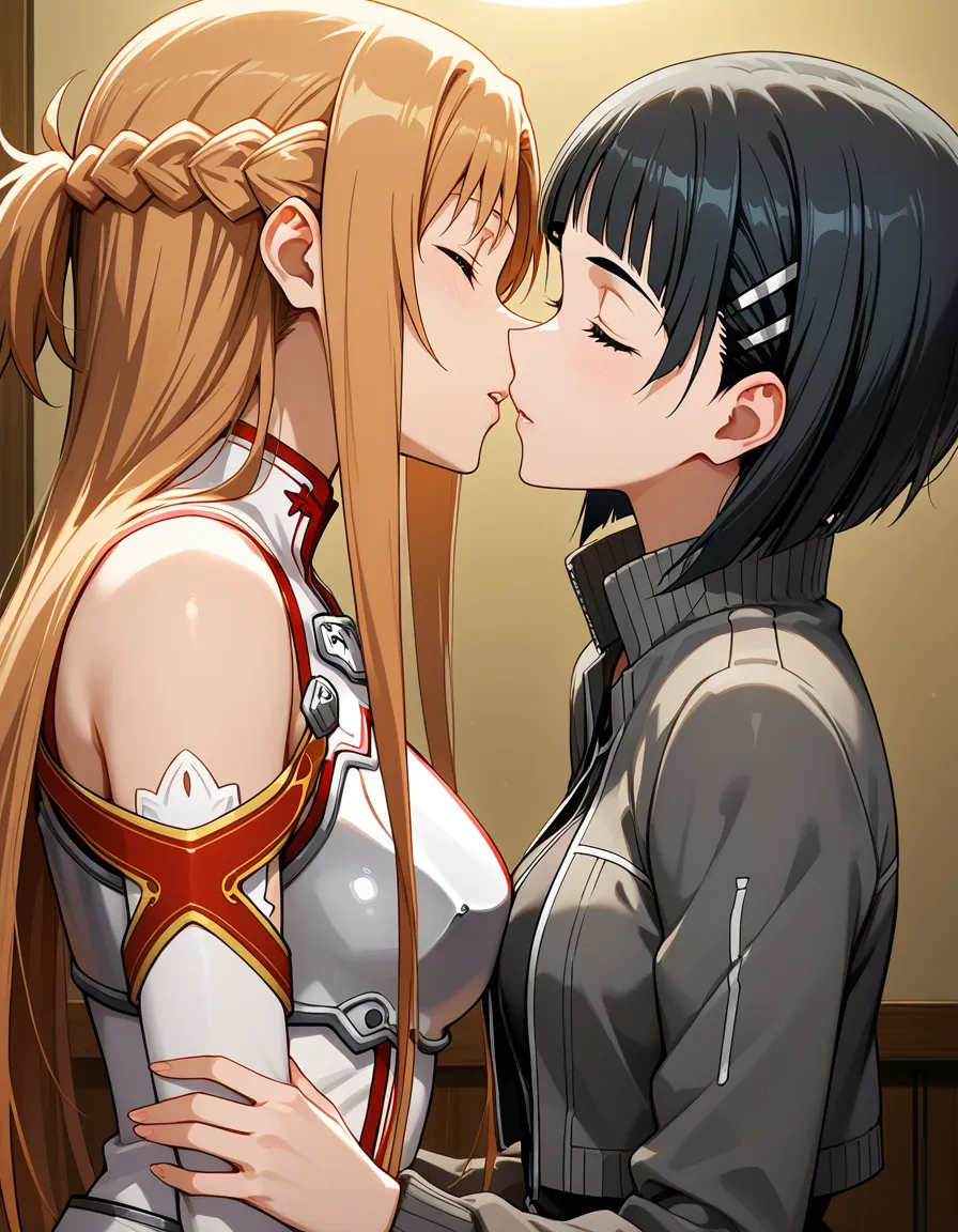 Suguha from SAO, Asuna from SAO, 2girls, imminent_kiss, hentai_studio_quality