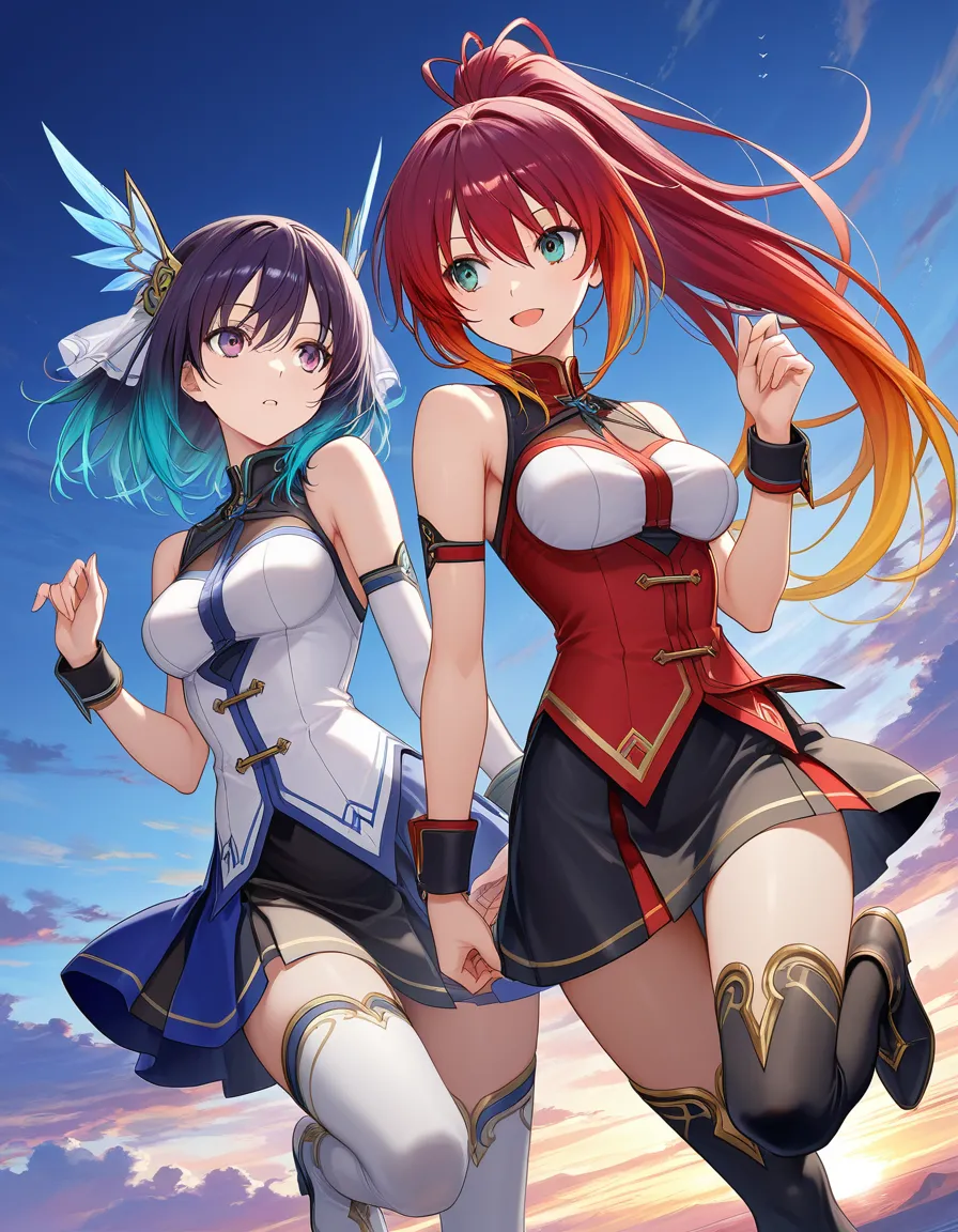 masterpiece, fine detail, 2girls, leg up, thighhighs, gradient hair, sky, visual novel art, hentai_studio_quality