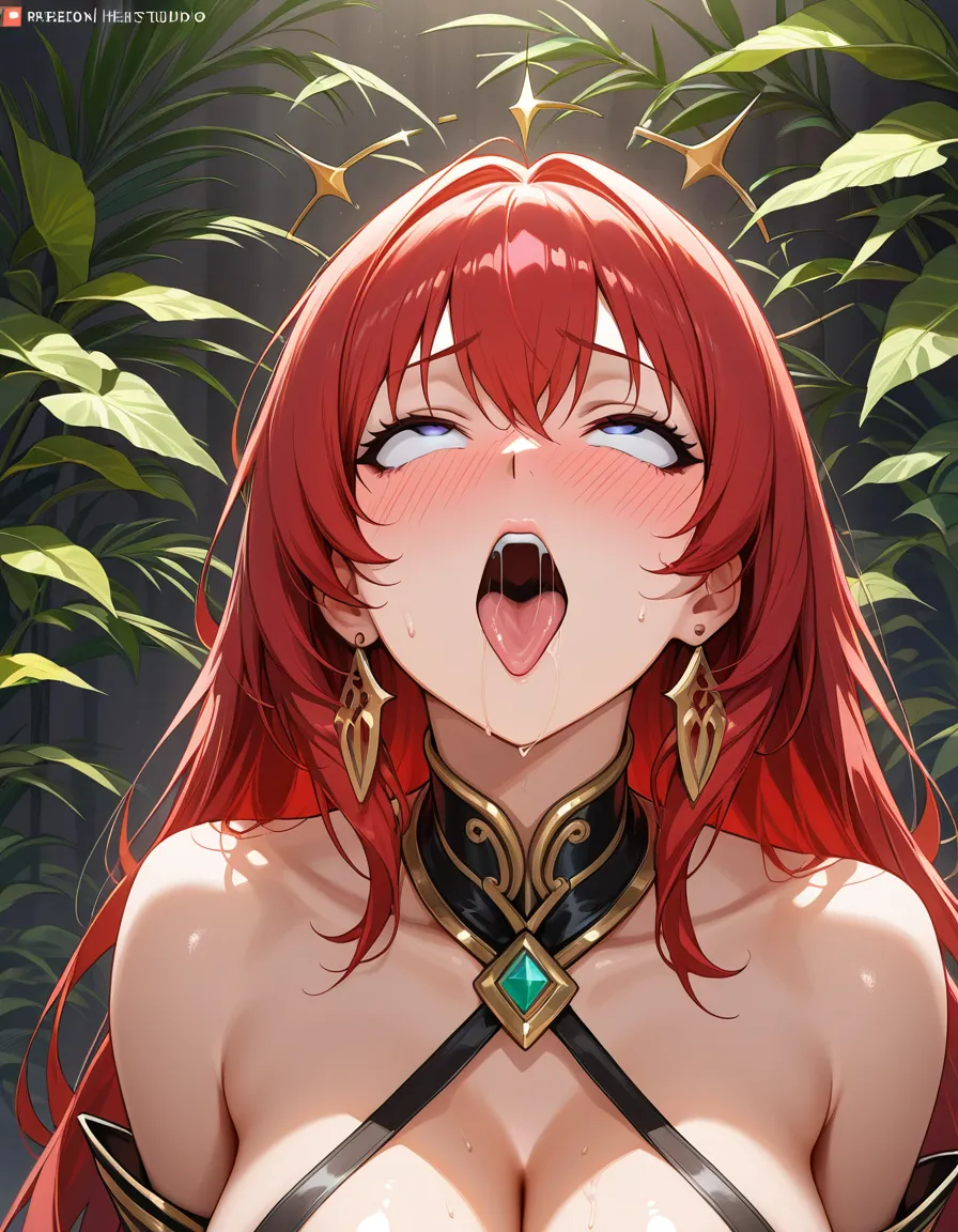 masterpiece, fine detail, redhead woman, bare shoulders, official alternate costume, ahegao, plant, submissive blush, hentai style, hentai_studio_quality