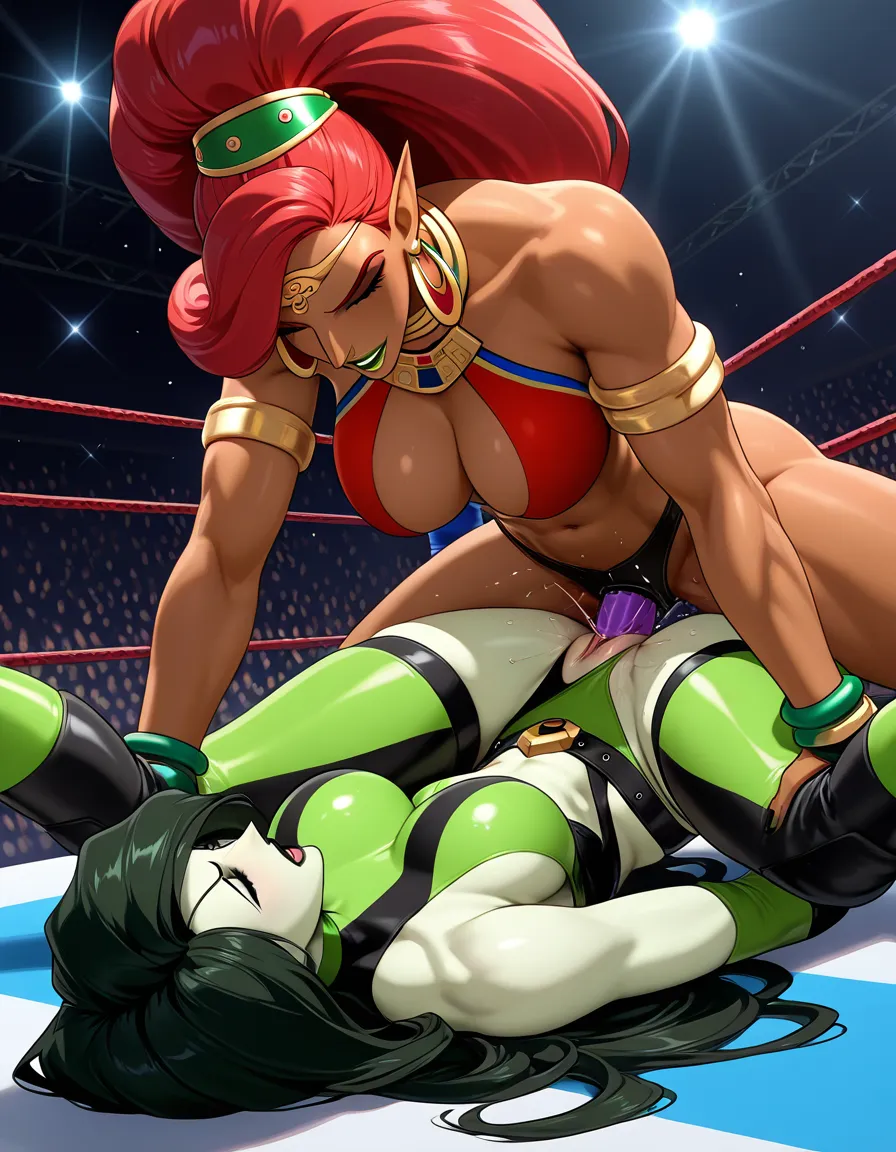 2girls yuri sex, urbosa , shego , wrestling_ring , strapon , pussy_juice , orgasm, missionary,  vaginal_object_insertion,,, hentai_studio_quality, hentai_studio_quality, hentai_studio_quality