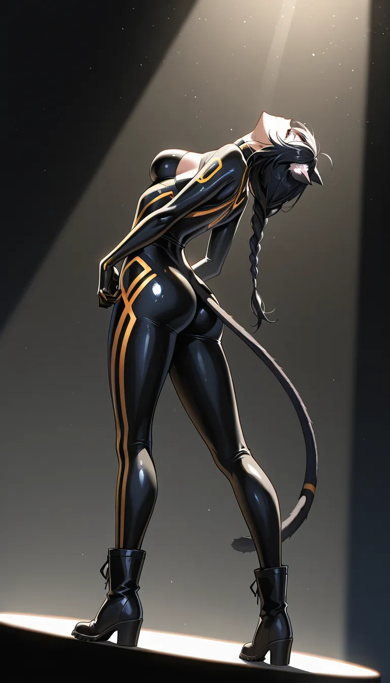 8k, sharp focus, detailed skin, catgirl, single braid, boots, arching back, spotlight, lifelike render