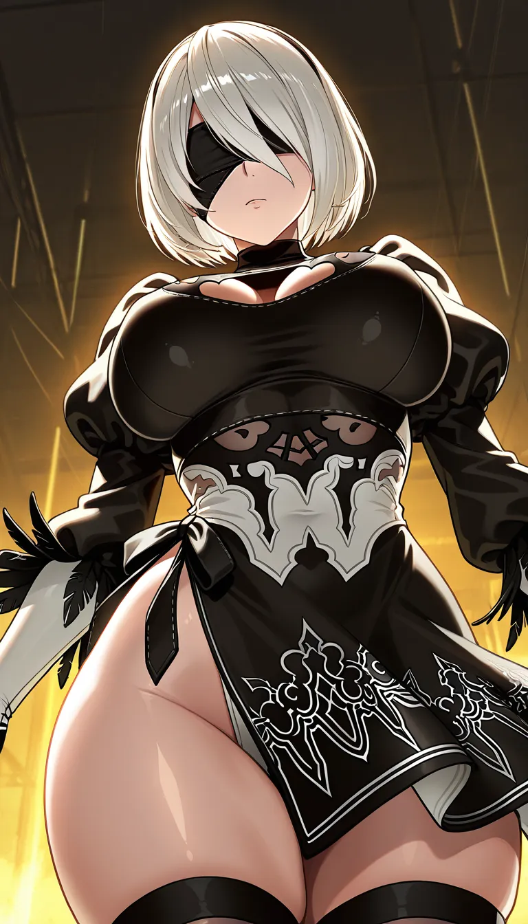 a photograph, 1woman, mature, 18 years old, its a 2b from nier automata, big_breasts, big hips, sexy pose, curvy, cosplay on 2b, full dressed, sexy pose, sexy_pose, from_below, front view, blindfold, warm golden afternoon daylight, soft natural shadows, warm amber tones, gentle contrast, fine film grain, smooth clear skin, strikingly beautiful, radiant complexion, early twenties