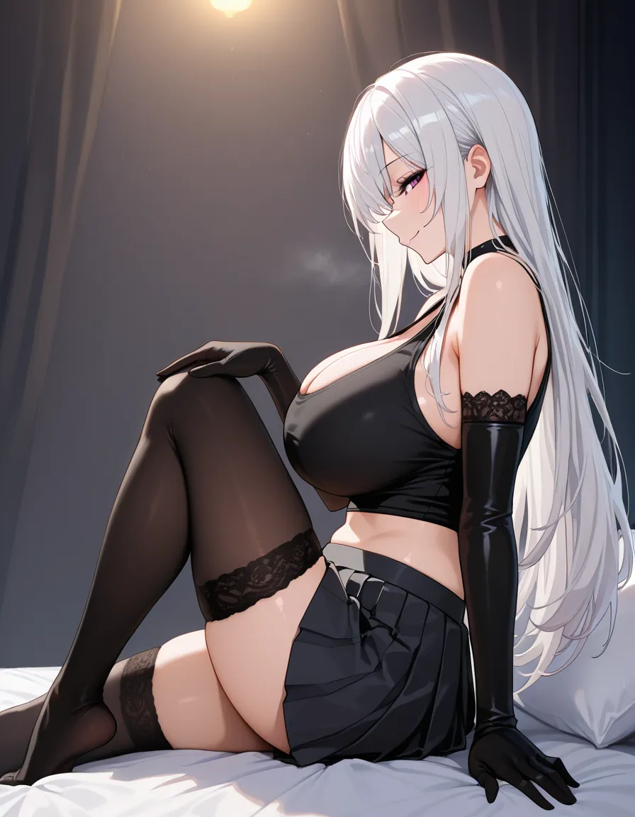 masterpiece, profile , white hair, pretty body, full_body, long_hair, doujin style, gothic girl, tank top , crop top black, sitting in bed, pleated skirt, skirt black, thighhighs , large_breasts , long hair, smile, sleeveless top, cute half-closed_eyes, seductive_smile, long gloves,solo girl, front view, chocker, hentai_studio_quality, kneeling, sitting, sitting in ground, ritual, witch girl, from_below, hentai_studio_quality, , bedroom background,, hentai_studio_quality, hentai_studio_quality