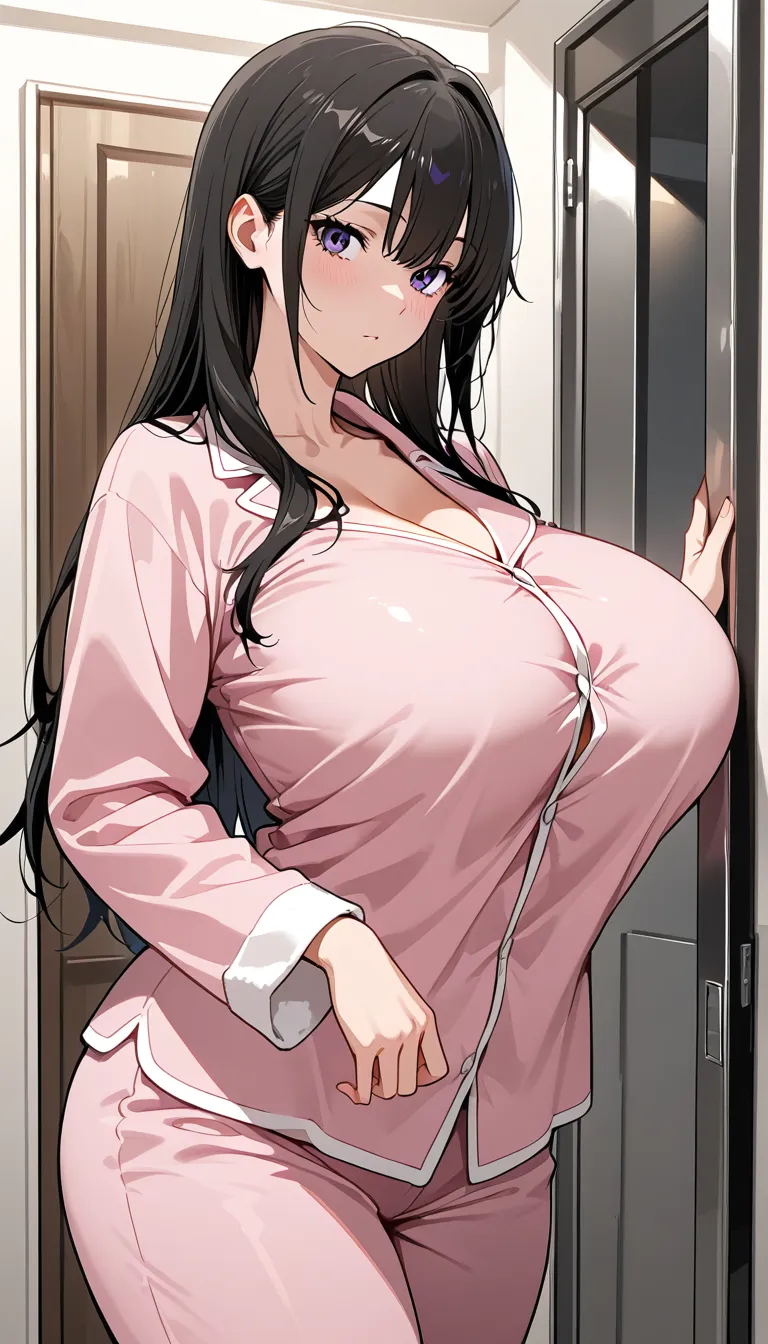 Grown up girl in pajamas, suddenly breasts start growing now with enormous breasts