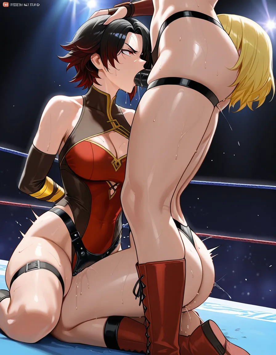 Best_quality highly_detailed, from_side ,  cinder_fall_(rwby)  , angry (@sailor_uranus-blonde_hair-short_hair) , 2girls yuri sex ,wrestling_ring wrestling defeated, pussy_juice orgasm , sweat strap-on oral fellatio kneeling head_grab, skindentation, hentai_studio_quality, hentai_studio_quality, hentai_studio_quality, hentai_studio_quality