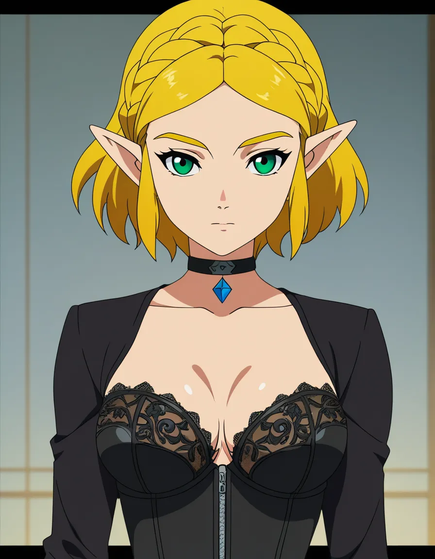 best quality, polished, @princess_zelda , black leather lingerie, choker , long sleeves, depth of field, anime style, hentai_studio_quality, (anime style:1.3), 2d, anime screencap, cel shading, flat color, hentai_studio_quality