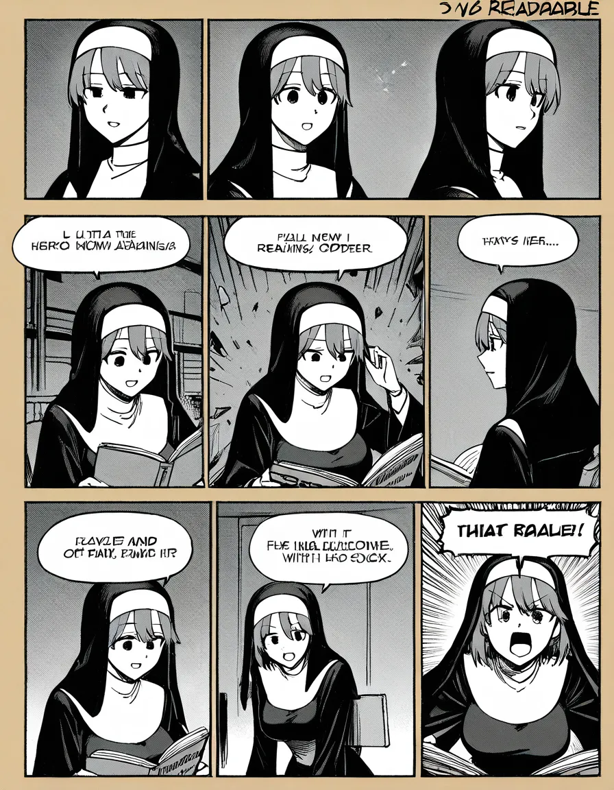 Masterpiece, best quality, ultra-detailed, Japanese panel manga, full comic page, right-to-left reading order, multiple panels of varying sizes, panels overlapping and breaking into each other, dynamic panel layout, cohesive reading flow, black and white with screentones, english text, speech bubbles, clear readable dialog,

1girl, magical girl nun, long multicolored streaked hair (white + grey + pink), high ponytail, side braid, green eyes fully changed into glowing heart-shaped pupils, silver cross hair clips, gold cross earrings, mole under eye, heavy blush, sweat, open mouth, completely mind-broken blank and ecstatic expression, large breasts, slim waist, wide hips, fair skin, glowing pubic tattoo,

wearing the heavily damaged “Fallen Sanctuary” sexy nun outfit: white high collar with gold cross half-torn, deep plunging V-neck ripped open, glossy black and white high-cut leotard bodysuit with gold trim heavily torn and shredded around the breasts and pussy area, long white elbow gloves with black cross armband, white thighhighs with garter straps, sheer white veil messy and falling off, extremely revealing and ruined Azur Lane/Honkai-style design, cleavage, bare shoulders, fabric hanging in pieces,

inside a dark gothic church, stained glass windows, wooden pews, more than 10 tentacles completely surrounding, waving, binding and filling the space around her,, score_9, score_8, 3d render, octane render, subsurface scattering, ray tracing, smooth shading, (anime style:1.3), 2d, anime screencap, cel shading, flat color