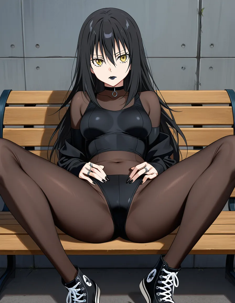 @rimuru_tempest, bodystocking black_nails, black lips, choker, multiple_rings, converse, spread_legs, bench, hentai_studio_quality, hentai_studio_quality, hentai_studio_quality