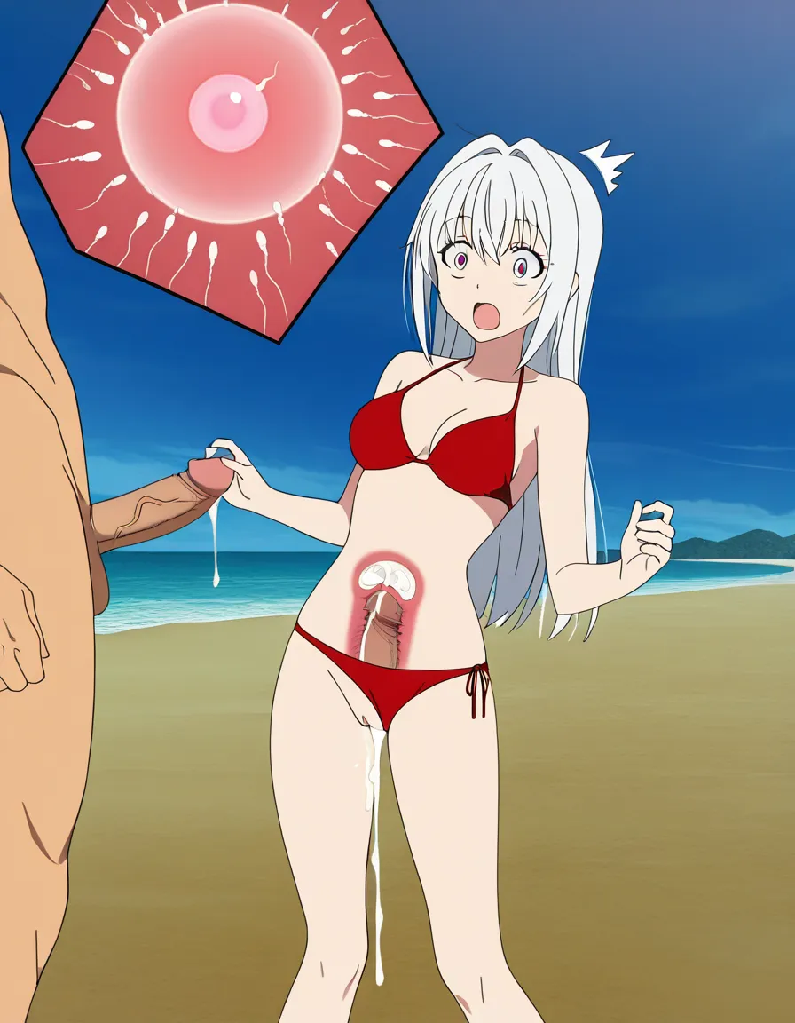 white_hair, long_hair, x-ray, cum_in_pussy, impregnation, beach, red_bikini, panties_aside, surprised, standing, cumdrip, (anime style:1.3), 2d, anime screencap, cel shading, flat color, @00osamio00