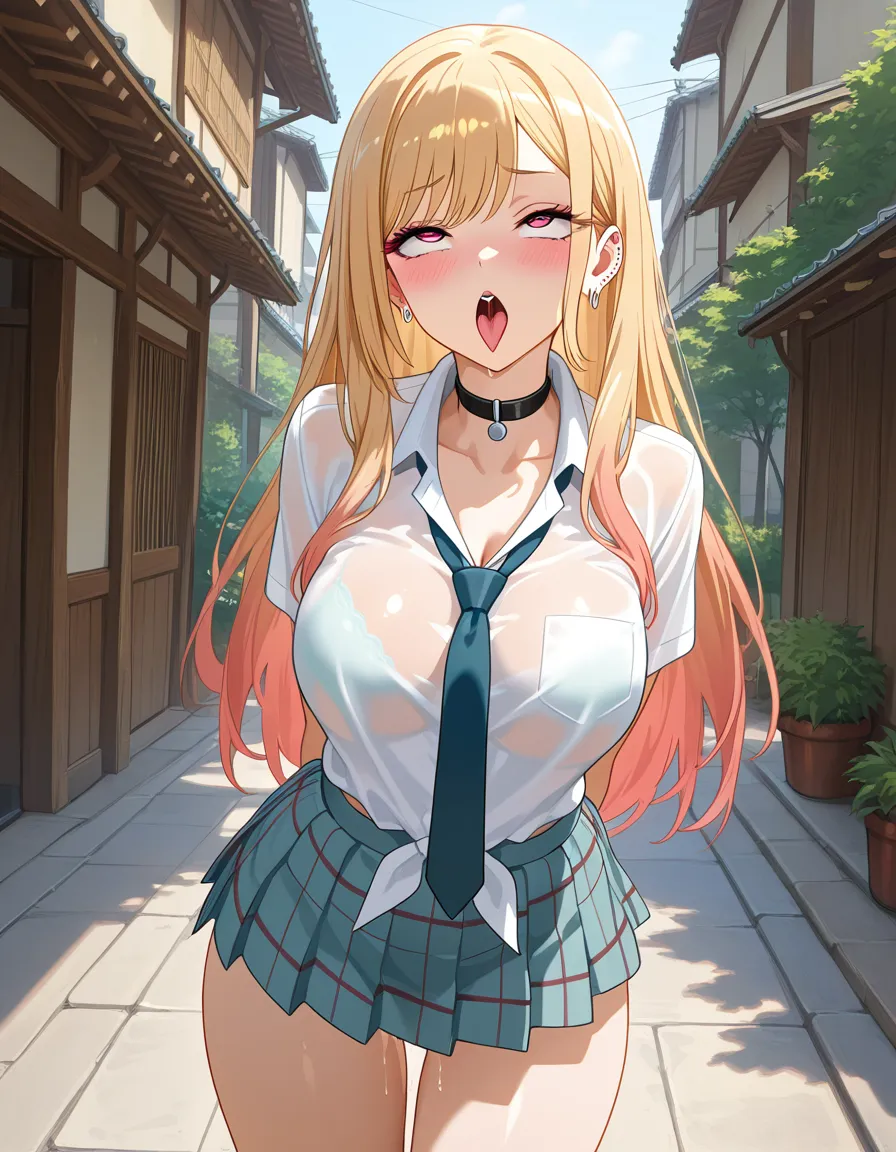 /best quality @kitagawa_marin #see-through_shirt #miniskirt
#no_panties #arms_behind_back , collar #ahegao #outdoors, hentai_studio_quality