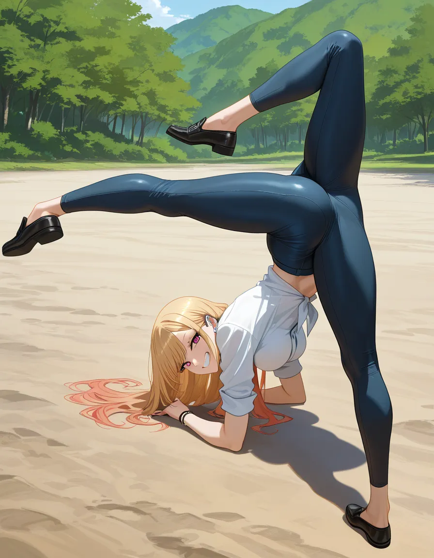 /ultra_detailed , /best_quality , @kitagawa_marin , #cosplay #outdoors , #flexible , #contortion, hentai_studio_quality