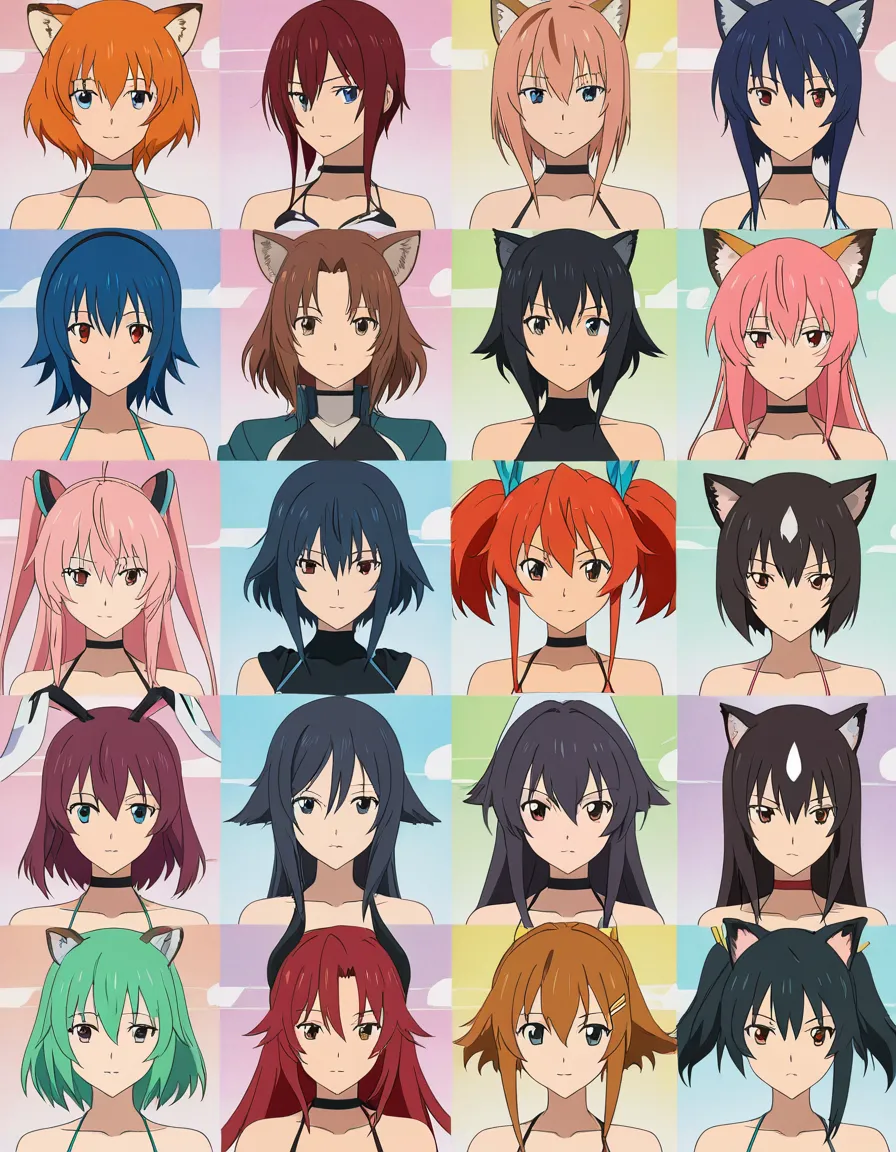 masterpiece, best quality, 6+girls, animal ears, bikini_under_clothes , anime style, (anime style:1.3), 2d, anime screencap, cel shading, flat color