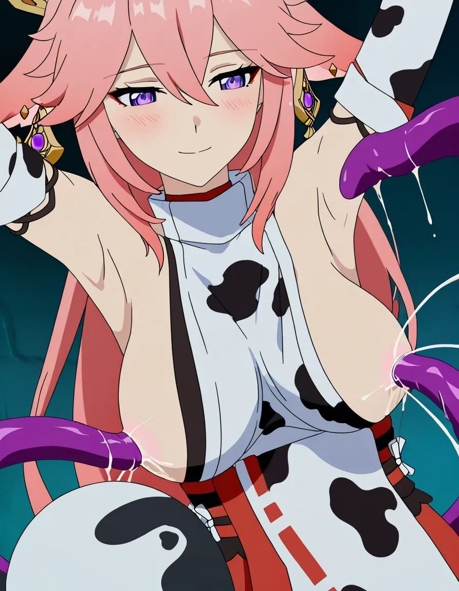 Yae Miko, lactation ,breast_sucking , cow_print , armpits , full_body , blush, light_smile, (anime style:1.3), 2d, anime screencap, cel shading, flat color, tentacles, (anime style:1.3), 2d, anime screencap, cel shading, flat color