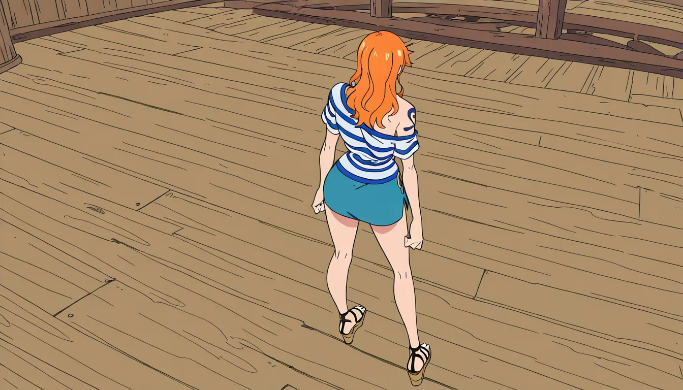 (masterpiece, best quality, ultra-detailed), Nami from One Piece, orange hair, tattoo on shoulder (tangerine tattoo), wearing white and blue striped t-shirt, blue mini-skirt, high-heeled sandals, on pirate ship deck, slowly undressing, revealing clothes, cinematic lighting, 4k quality, photorealistic, 1woman, solo, curvy body, large breasts, detailed skin texture, realistic anatomy