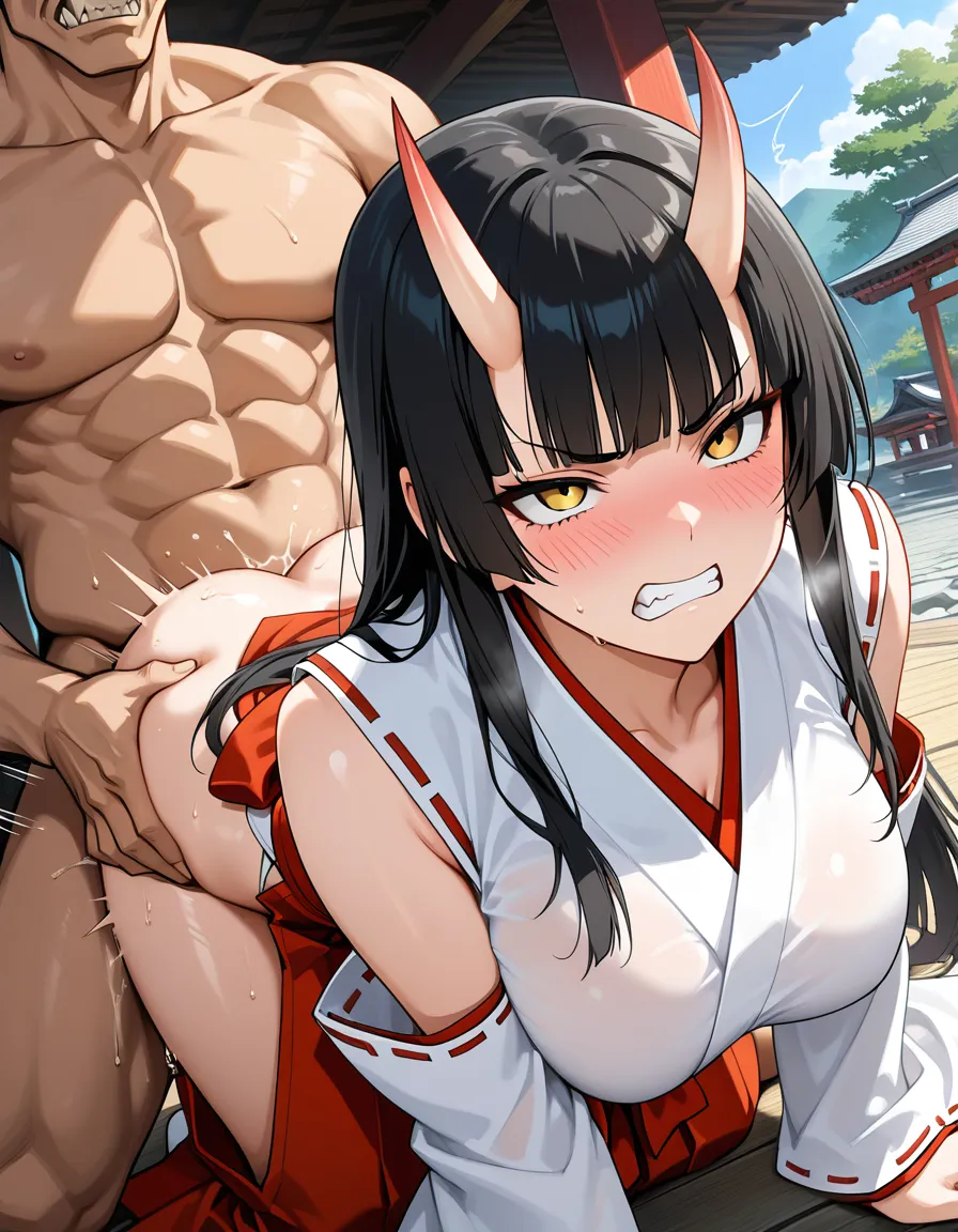 masterpiece, best quality, sex, sex_from_behind, hime_cut, black_hair, blush, angry, large_breasts, outdoors, oni, yellow_eyes,all_fours, miko, rough sex from behind, hentai_studio_quality