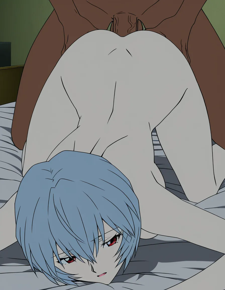 @ayanami_rei, white_skin, futanari, completely_nude, on_bed, all_fours, sex_from_behind, interracial, (anime style:1.3), 2d, anime screencap, cel shading, flat color