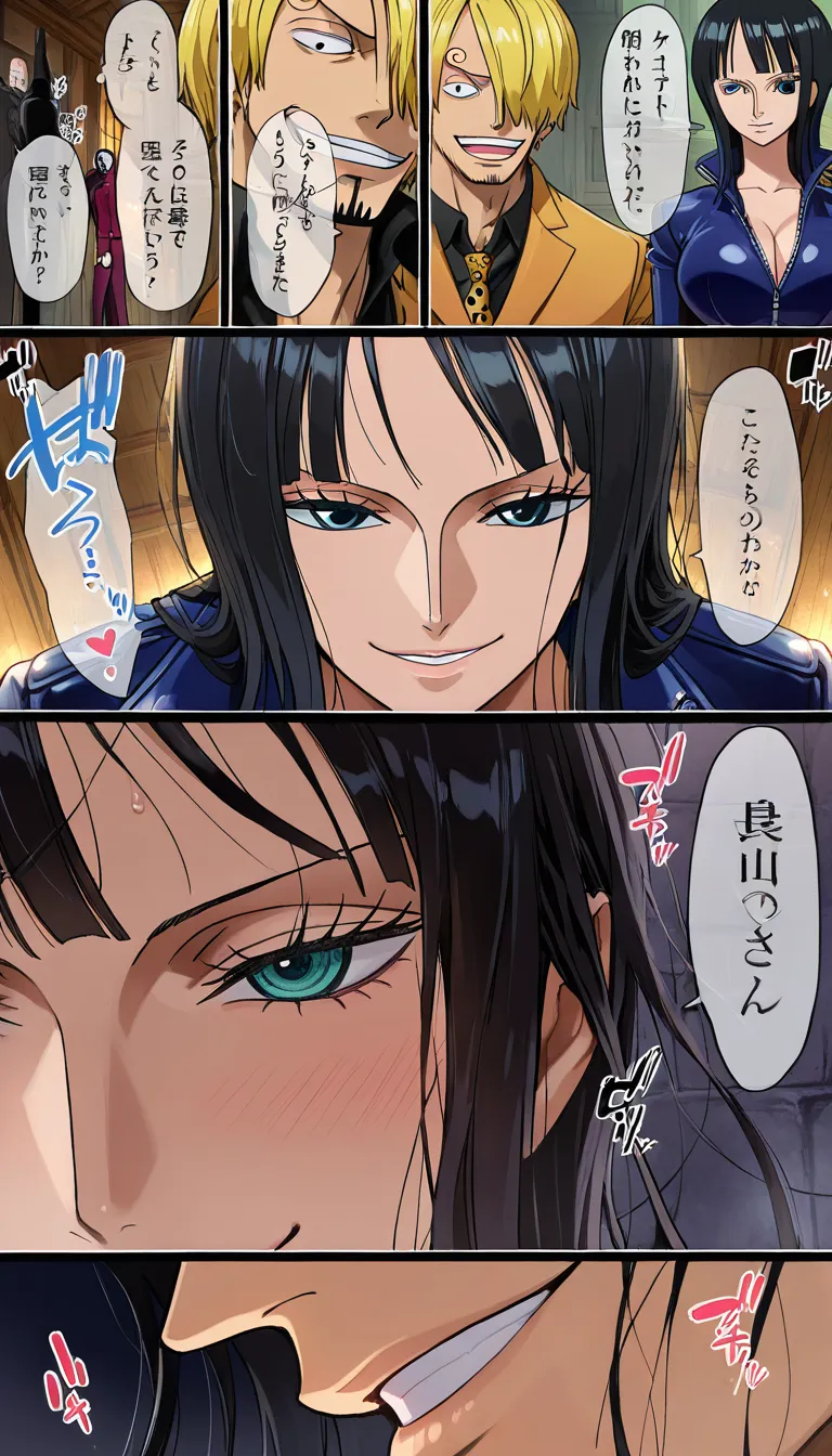 (masterpiece, best quality, ultra-detailed, intricate details, detailed background, high-res, rich colors), 3 sex scenes, 2 people, 1 man (Sanji from One Piece, smirking, wearing a jacket), 1 woman (Nico Robin from One Piece, clothes disheveled and open), Japanese sound effects, Japanese speech bubbles, Japanese dialogue, panel layout, 3 panels. Scene 1: Female, looking embarrassed, blushing, lying on her back, panting intensely; Male, highly aroused, performing missionary sex, thrusting his hips forward at incredible speed, motion blur (afterimages) trailing behind his hips, full-body shot of both. Scene 2: Male, missionary position, penis inserted to the hilt, deep kissing; Female, lying on her back, moaning, medium shot. Scene 3: Male, expression of intense pleasure, woman in a seated position facing away (rear-entry/cowgirl variation), fondling her breasts, thrusting his hips hard against her buttocks for deep penetration, massive internal ejaculation (creampie); Female, looking overwhelmed/strained, reaching the peak of pleasure, moaning loudly (as if screaming), full-body shot of both. Additional settings: Detailed character appearances, cel-shading, sharp focus, dynamic composition, inside a ship's cabin, deep shadows., hentai_studio_quality