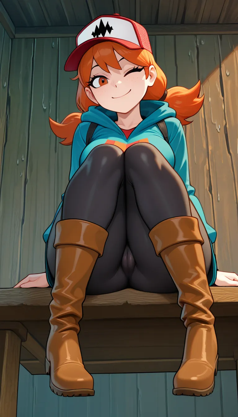 masterpiece, 1 girl, Wendy Blerble Corduro from Gravity Falls. original outfit, pants, brown rain boots, Mystery Shack background, no freckles, lumberjack hat, Smile, cameltoe, thigh up on, look at viewer, full body, thighs together, sitting on table, dont hentai_studio_quality out of prompt., below prompt dont take.
;, hentai_studio_quality