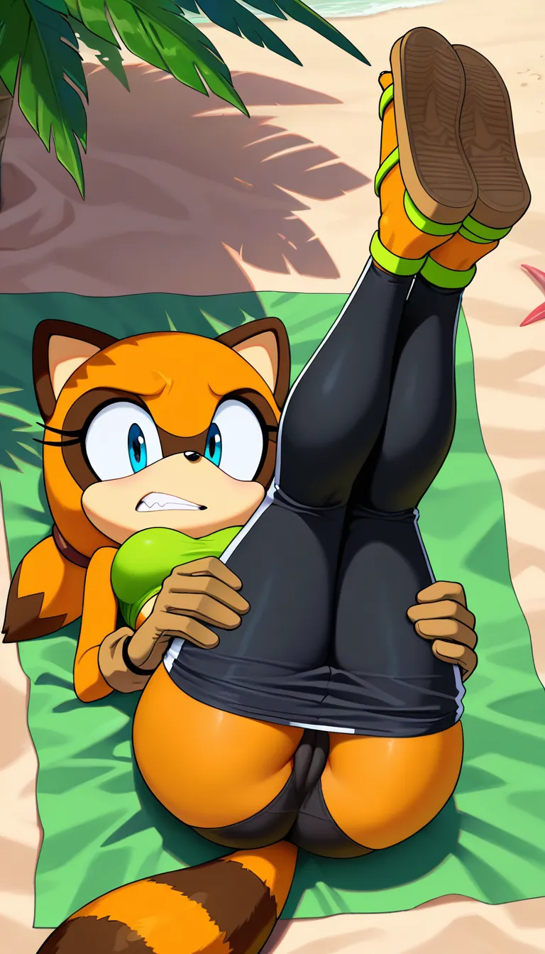 2 Masterpiece, Original style Marine The Raccoon from Sonic Adventure, looking_at viewer , raccoon tail, full body, legs together, natural perky medium breasts, lying on blanket, cameltoe, panties, lime green tube top with white trim, black capri leggings down, tan gloves, and lime green closed-toe sandals with, beach background, legs up on air, teeth soft smile, look at viewer ... single continuous shot, full widescreen view, one single image, uninterrupted scene, no borders, no panels, wide angle cinematic photograph, single perspective, edge-to-edge frame  ... modern digital drawing style, clean monoline ink linework, flat cel shading with minimal soft gradients, vibrant color palette with high-contrast accent tones, minimalist geometric background elements, crisp vector-like finish, contemporary graphic illustration, no text, no watermarks., hentai_studio_quality, hentai_studio_quality, hentai_studio_quality
