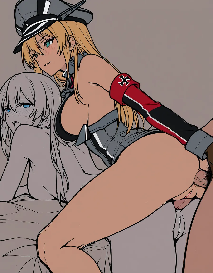sketch lineart colored_skin color /sharp_focus /highres @bismarck_(kancolle) @prinz_eugen_(kancolle) 2girls yuri smalldom pegging anal_sex, hentai_studio_quality