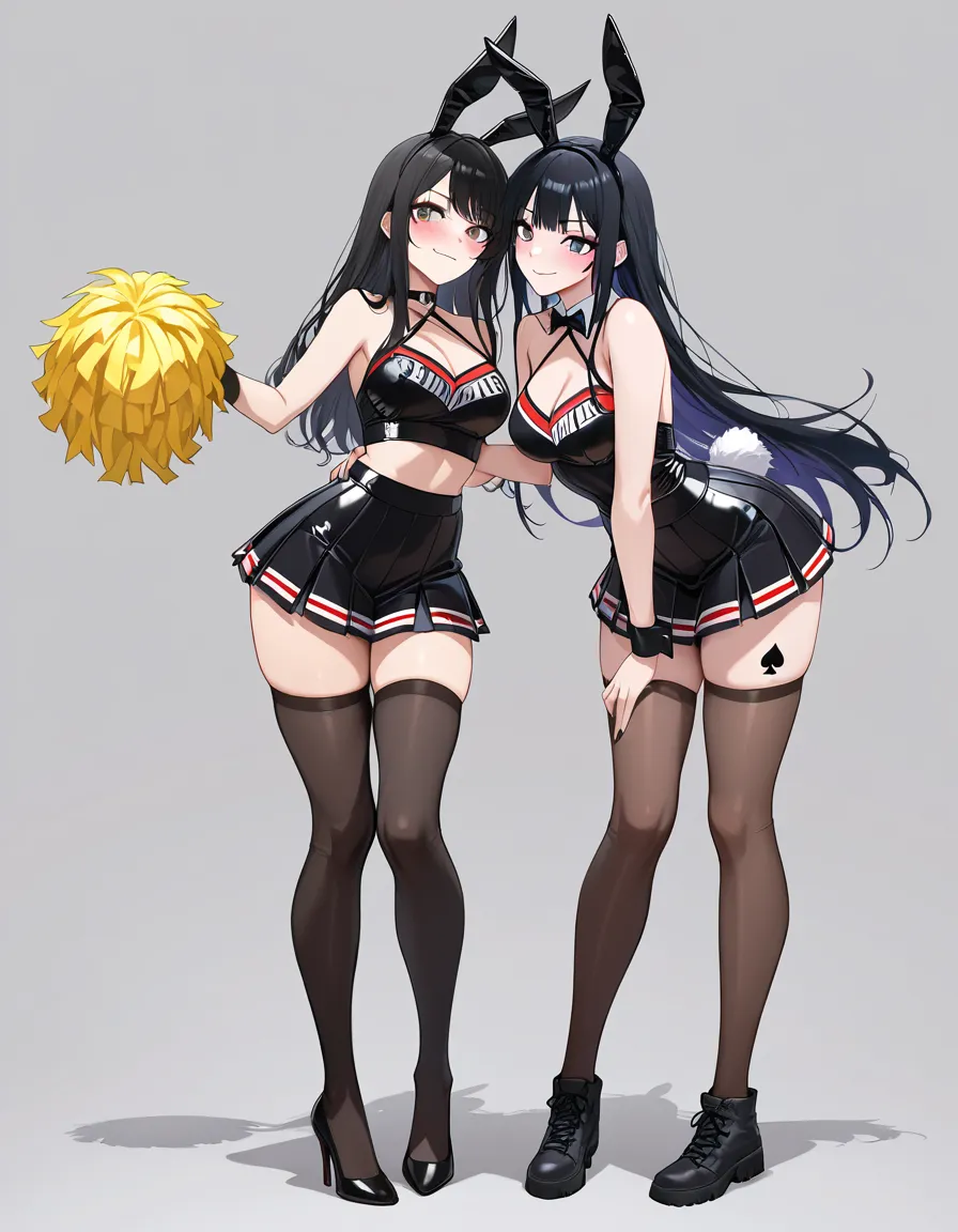 masterpiece, vivid, clean art, 2girls,
long_hair, eager , encouraging, playboy_bunny , goth, black_hair , perfect feet , thighhighs, rabbit_ears , rabbit_tail, makeup , thighs , perfect_face, perfect_anataomy, perfect_proportions, spade tattoo on thigh, skirt, cheerleader , blush, light_smile , heart-shaped_pupils , heart-shaped_pupils , kneeling , looking_up, , hentai_studio_quality, femdom, hentai_studio_quality
