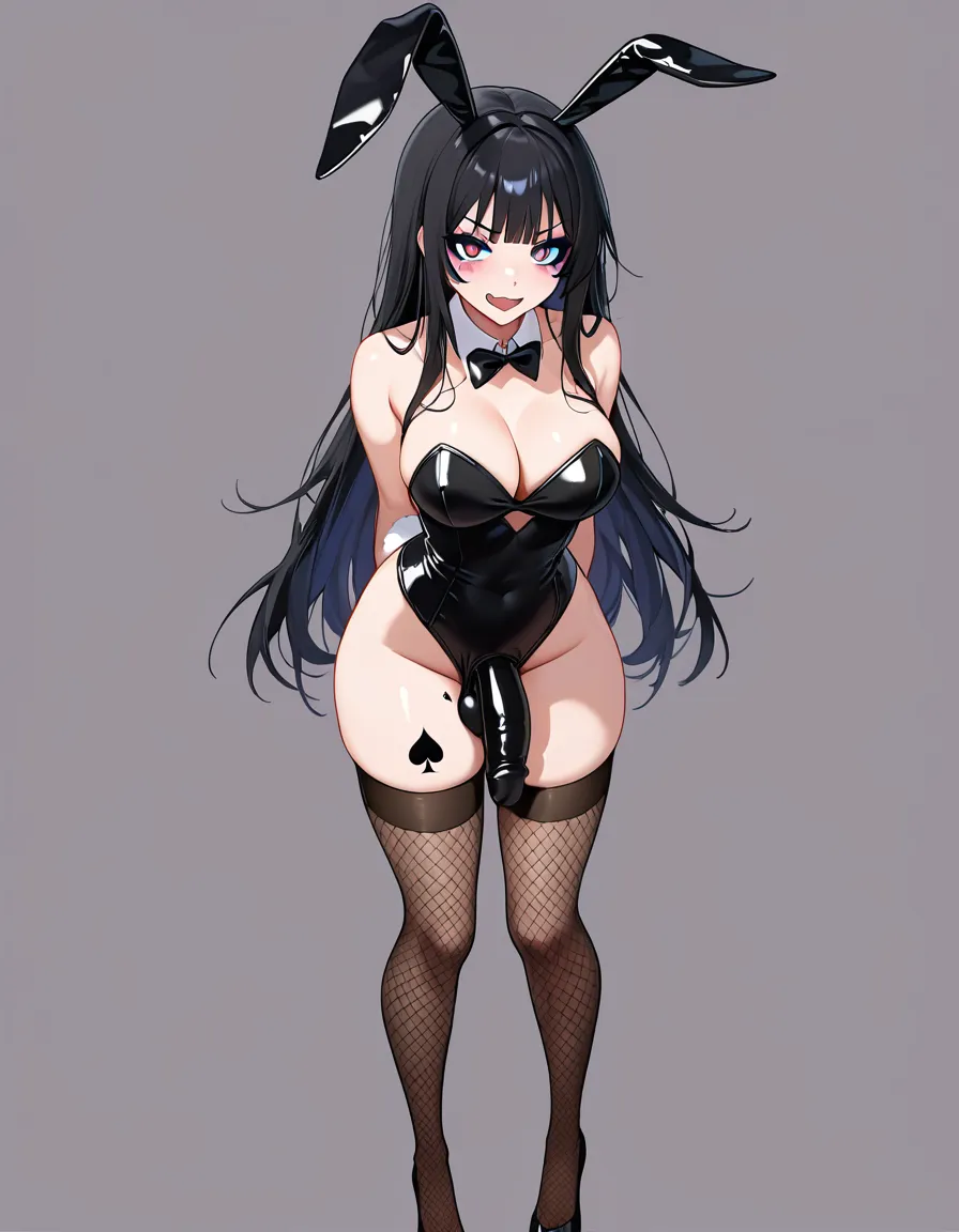 masterpiece, vivid, clean art, 1girl, futanari , futa_with_female ,
long_hair, eager , encouraging, playboy_bunny , goth, black_hair , perfect feet , thighhighs, rabbit_ears , rabbit_tail, makeup , thighs , perfect_face, perfect_anataomy, perfect_proportions, spade tattoo on thigh, skirt, cheerleader , blush, light_smile , heart-shaped_pupils , heart-shaped_pupils , fellatio , hentai_studio_quality, hentai_studio_quality